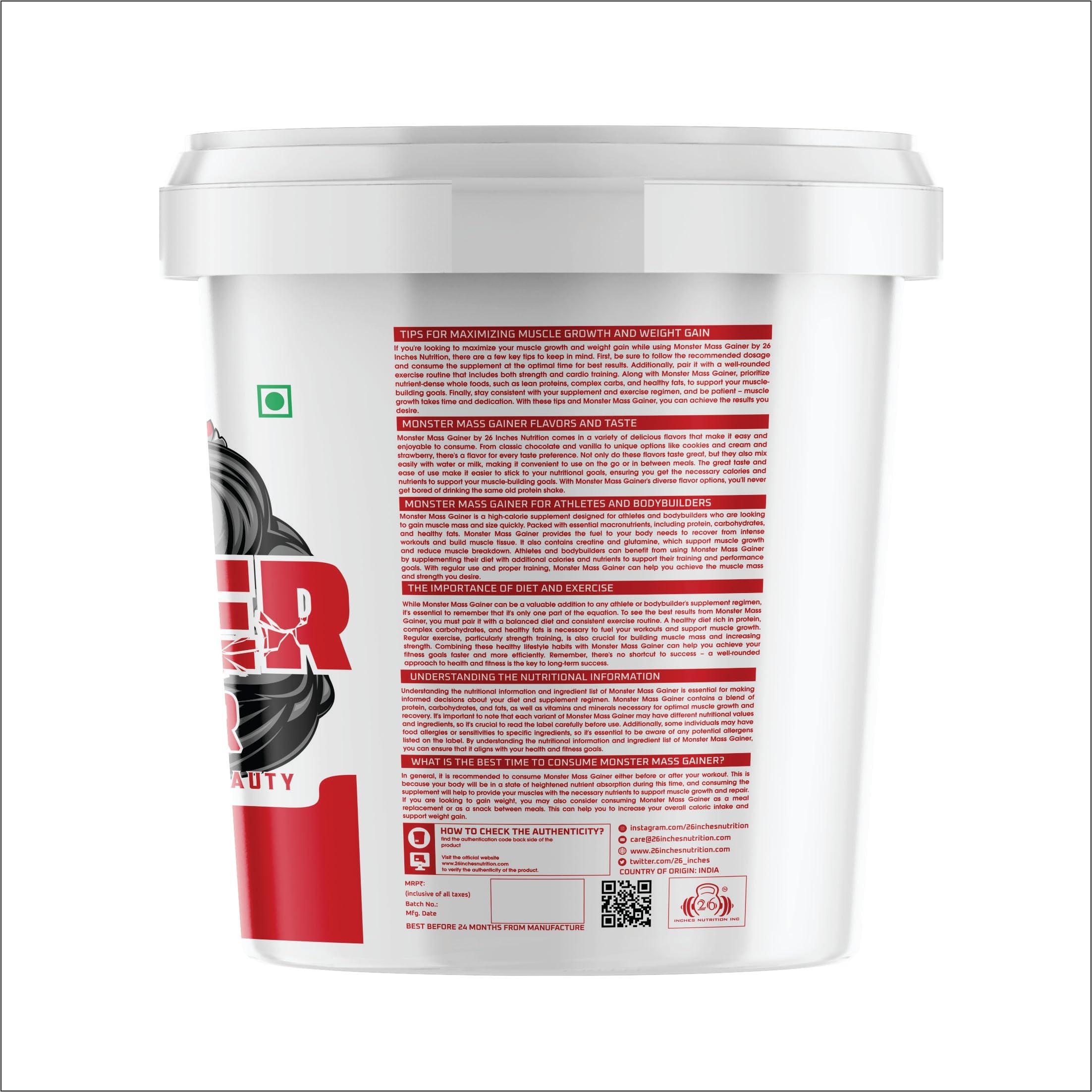 26 INCHES NUTRITION INC Titile 26INCHES NUTRITIONS INC Monster Mass Gainer-5Kg with BCS Bulk Gain-100 Capsules (Mango)