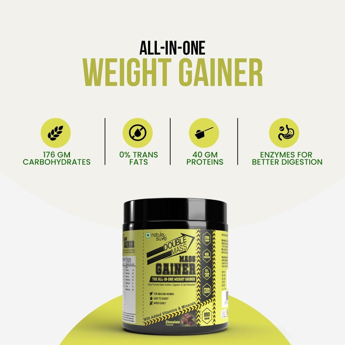Nature Sure Nature Sure Double Mass Chocolate Flavored Mass Gainer with Whey Protein and Enzymes, Free Scoop Inside - 1 Pack (250 Grams)