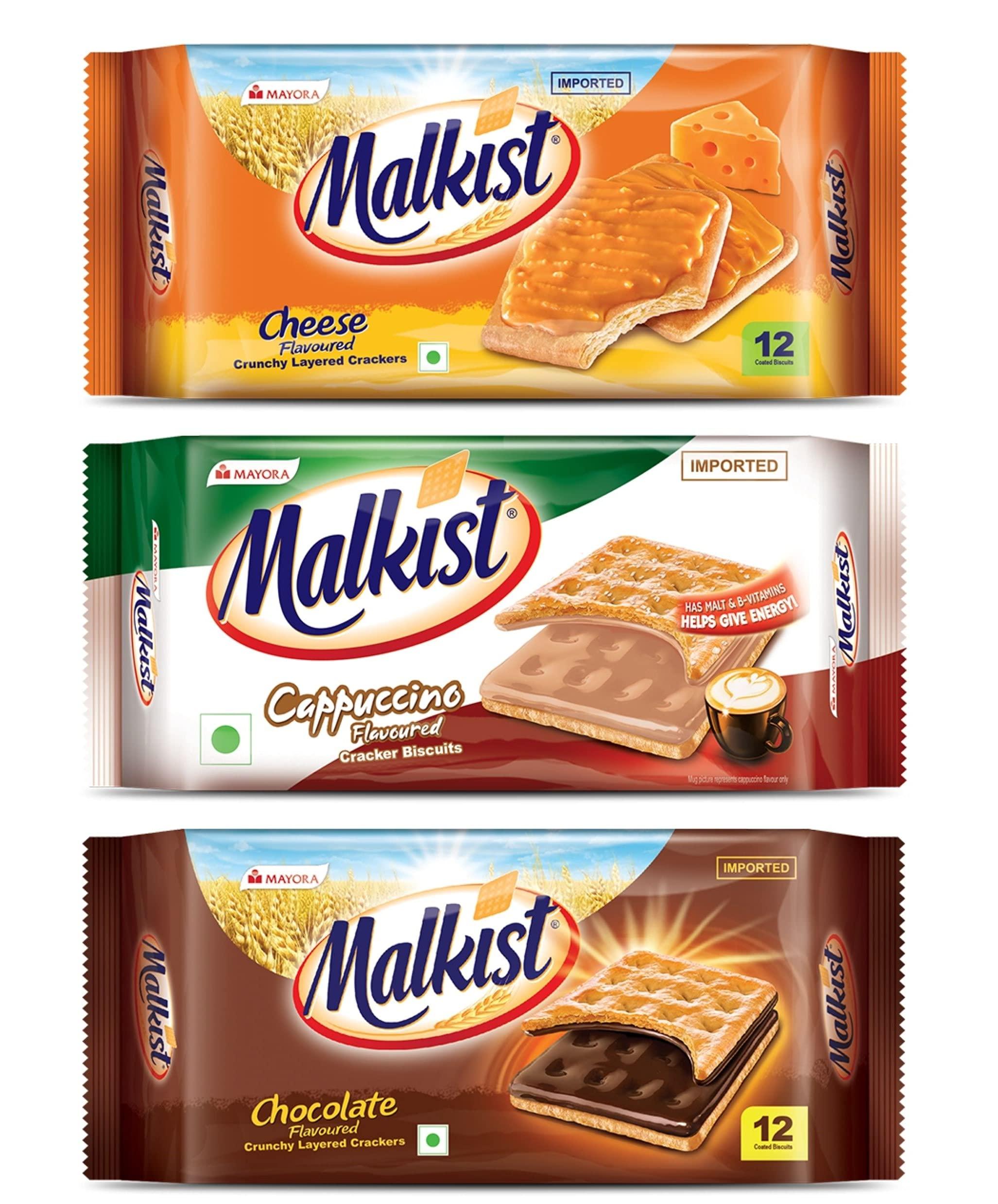 Malkist Malkist Cheese, Cappuccino and Chocolate 3 Flavored Crunchy Crackers Biscuits 138gm (12 Piece Per Pack) (Pack of 3)