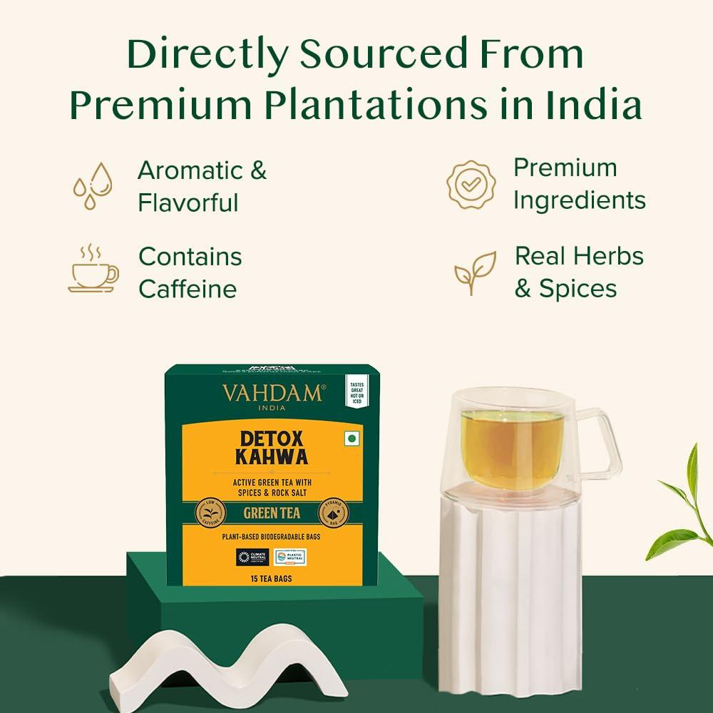 VAHDAM VAHDAM, Detox Kahwa Green Tea- 15 TBs | Real Ingredients (Black Pepper, Tulsi, Ginger, Clove, and Green Tea) |