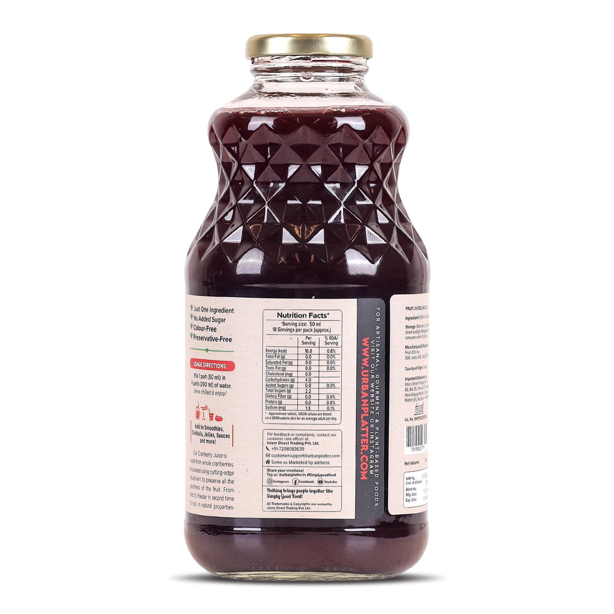 urban platter Urban Platter Canadian Cranberry Juice, 1 Litre (Unsweetened, No Added Sugar, 100% Natural Cranberry Juice, Good for UTI Health, Perfect for Cocktails and Mocktails)