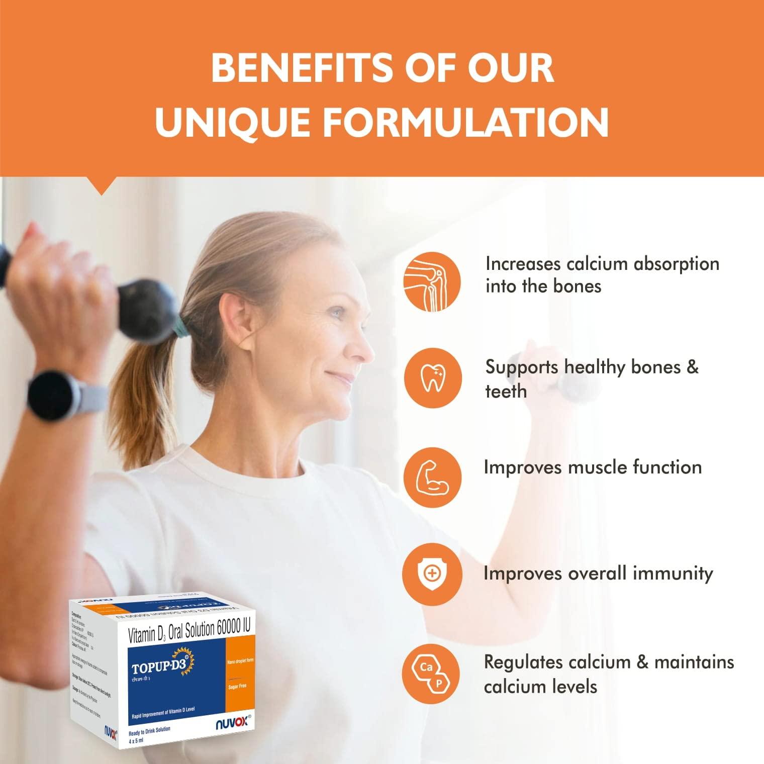 Nuvox Healthcare TOPUP D3 – Ready to Drink Vitamin D3 (Cholecalciferol, 60000 IU) | Nano Shots for Immunity, Healthy Bones & Strong Muscles | Sugar Free Nano Shots | Pack of 4 shots of 5 ml each