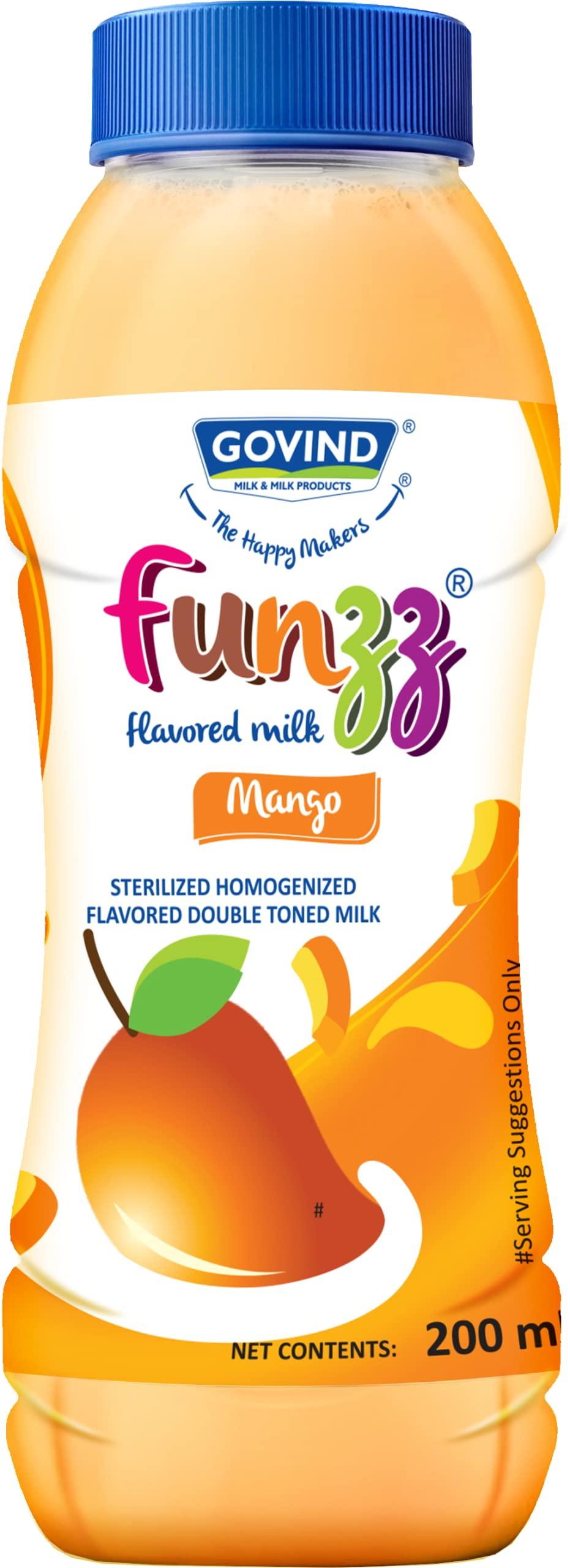 GOVIND MILK & MILK PRODUCTS Govind Funzz Flavoured Milk with Three Flavours - Butterscotch, Chocolate, Mango. 200ml Each, Pack of 12.