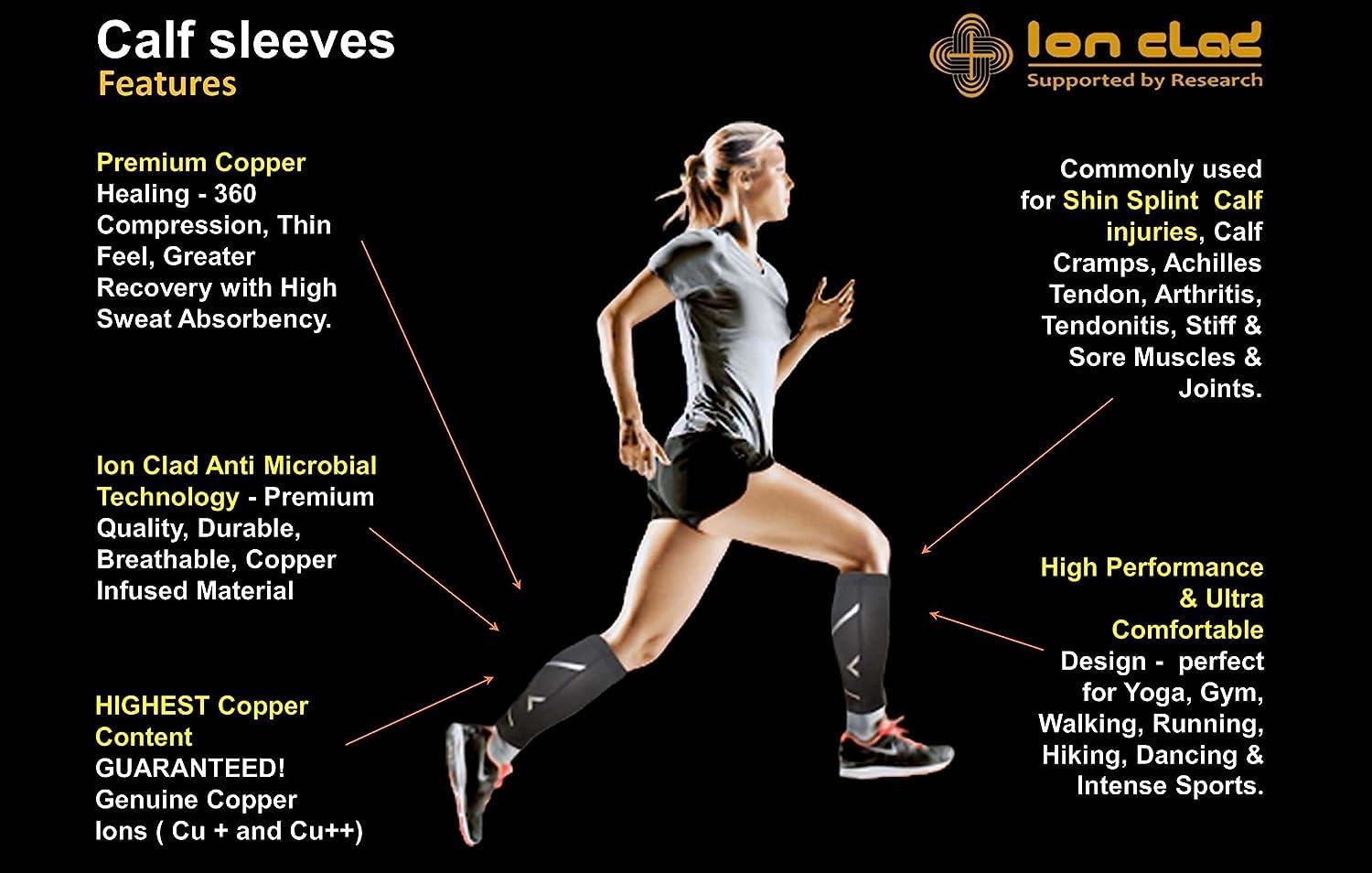 Ion Clad Ion Clad Copper Compression Calf Sleeve-Shin Support Socks For Pain Relief From Leg Cramps, Shin Splints, Varicose Injury Pain Guard-Recovery For Men Women-Sports,Gym Running(1 Pair, Xl)