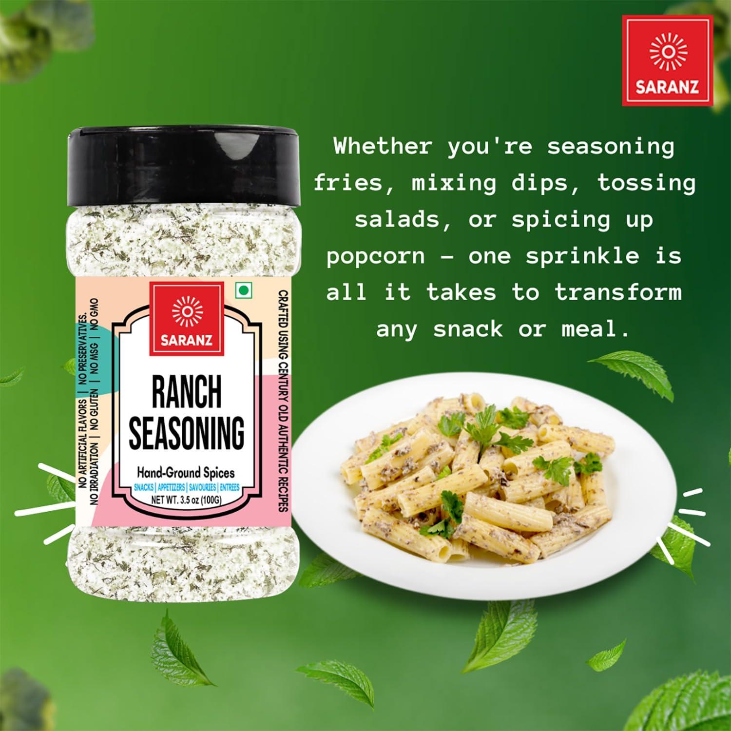 SARANZ SARANZ Ranch Mix Exotic Seasoning Perfect for Snacks, Appetizers, Savouries|Ranch Mix Seasoning with Fresh Ingredients For Dressing | Aromatic and Flavoured Vegan Seasonings |Used Ranch Mix Seasoning in Sauces, Marinades, Dressing, Snacks-100 Grams S