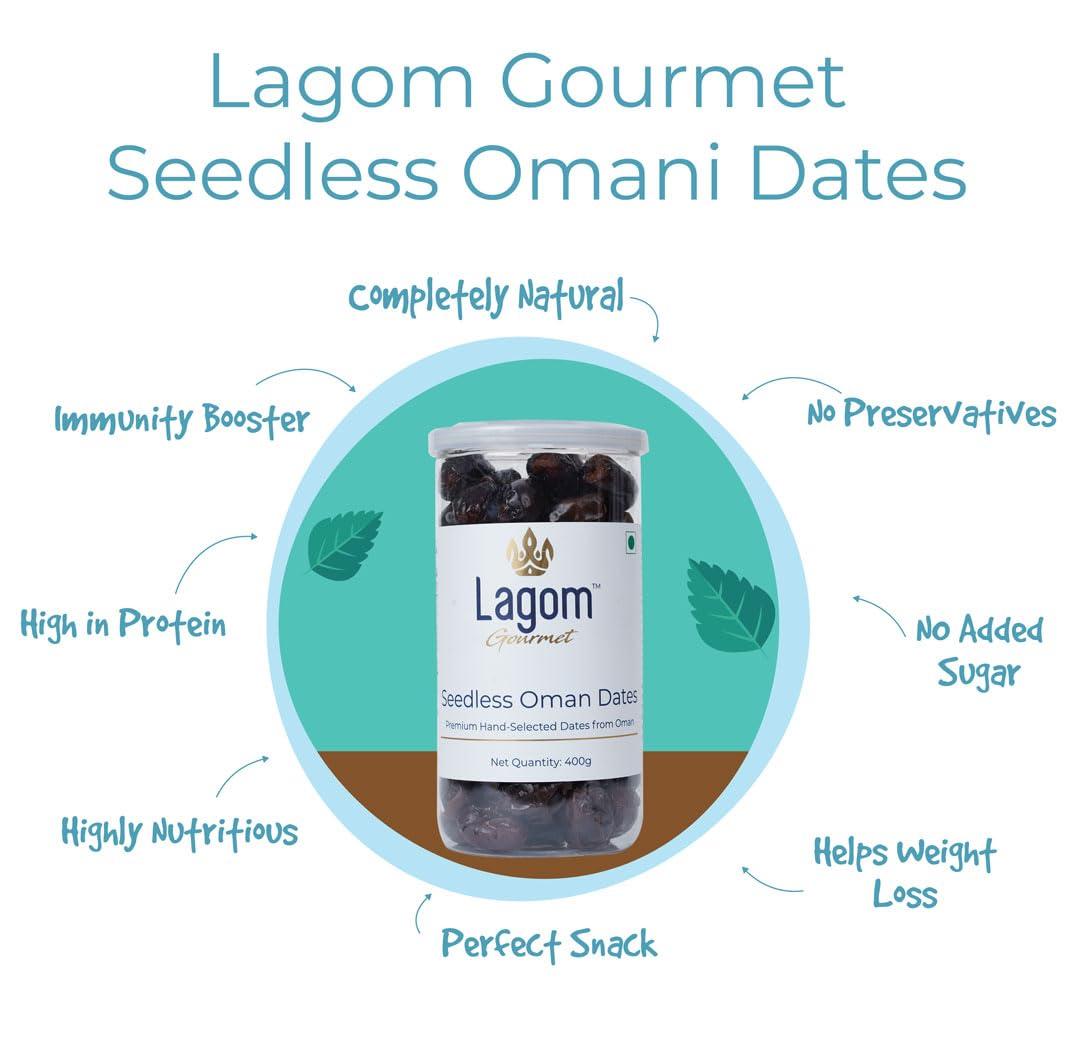 Lagom Lagom Gourmet Seedless Omani Dates 400g | All Natural | No Preservatives | No Added Sugar | Gluten Free | Vegan | Plant Based | Non GMO | Dates Dry Fruits | Khajur | Khajoor | Khejur