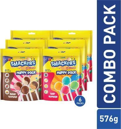 LuvIt. LuvIt Smackers Chocolate and Fruit Flavoured Lollipops | Combo Pack - 48 Lollipops | Pack of 6-96g Each