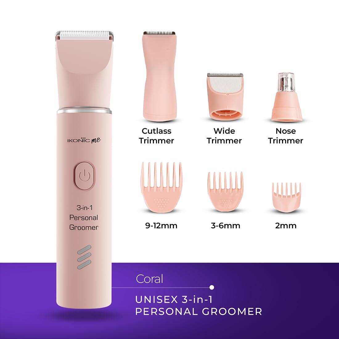 IKONIC Ikonic Unisex 3-in-1 Personal Body Groomer with Stainless Steel Blades, Fully Charges in 5 hours with 90 Mins Runtime. 500Mah Battrey, LED Light Indicator, Waterproof, Unisex Hair Trimmer for Sensitive Areas, Nose & Ear, Coral