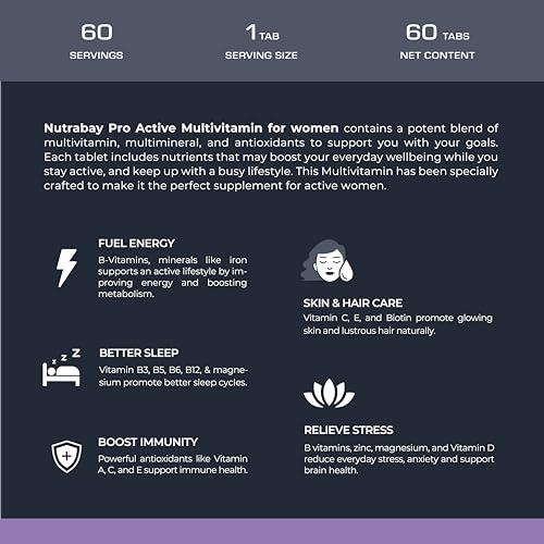 Nutrabay Nutrabay Pro Active Multivitamin for Women - 60 Tablets | Effective Doses of Iron, Vitamin A, B5, B6, C, D, E & K and Multiminerals | Immunity, Hair, Skin, & Bone Support