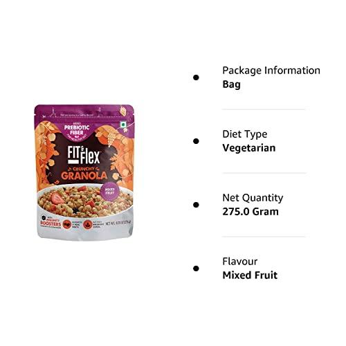 FIT & FLEX FIT & FLEX Baked Granola Mixed Fruit Oat Rich Cereal With Real Freeze Dried Fruits Ready To Eat Healthy Breakfast Food Cholesterol Free With Immunity Boosters As Seen On Shark Tank India 275 Gm