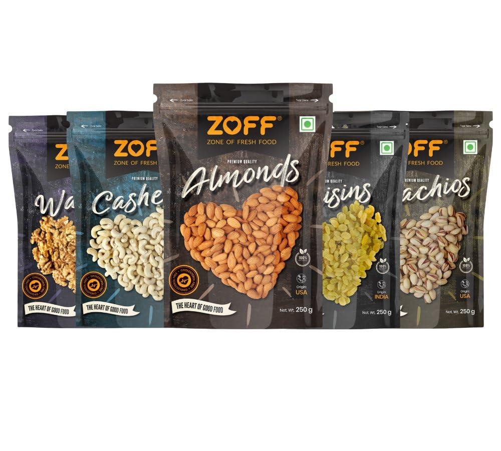 Zoff Zoff Premium Daily Needs Mixed Dry Fruits Combo - Almonds, Cashews, Raisins, Roasted Pistachios, & Walnut Halves 250g Each | Premium Zip Lock Pouch | Net weight - 1.25Kg