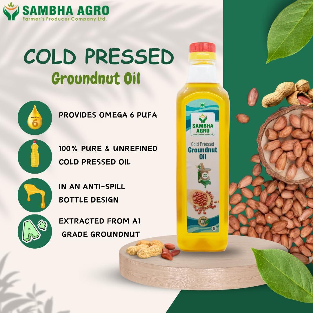 SAMBHA AGRO Sambha Agro 1L Cold Pressed Groundnut Oil - Better, Pure & Unrefined | Naturally Cholesterol-Free Cooking Oil with Rich Aroma & Flavor | A1 Grade Groundnuts | Purity in Every Drop (Pack of 2)