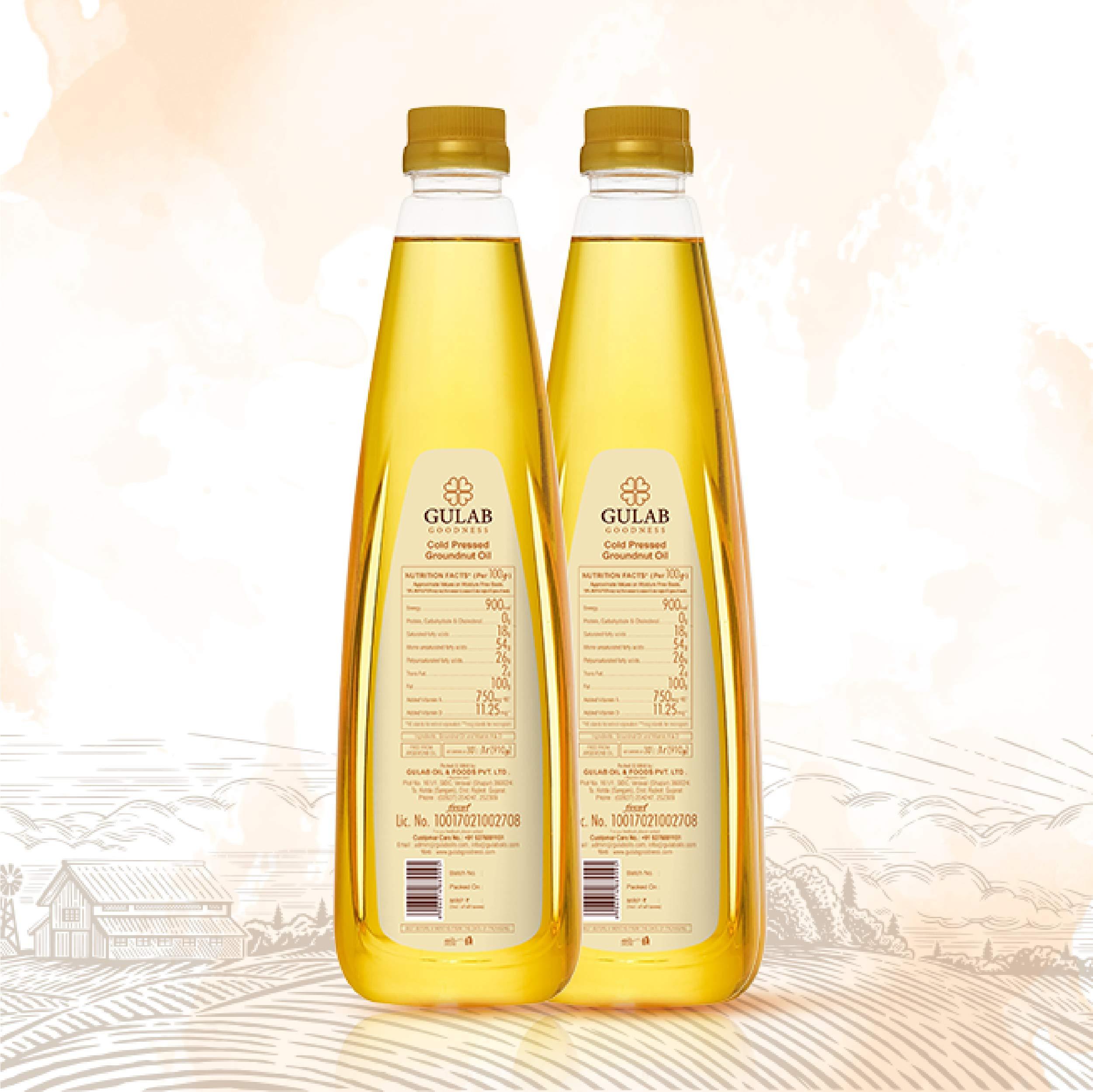 GULAB Gulab Cold Pressed Groundnut Oil - 1 Litre (Pack of 2) | Peanut Oil | Sing Tel | Kolhu/Kachhi Ghani/Chekku/Wood Pressed | Natural Oil | Chemical Free