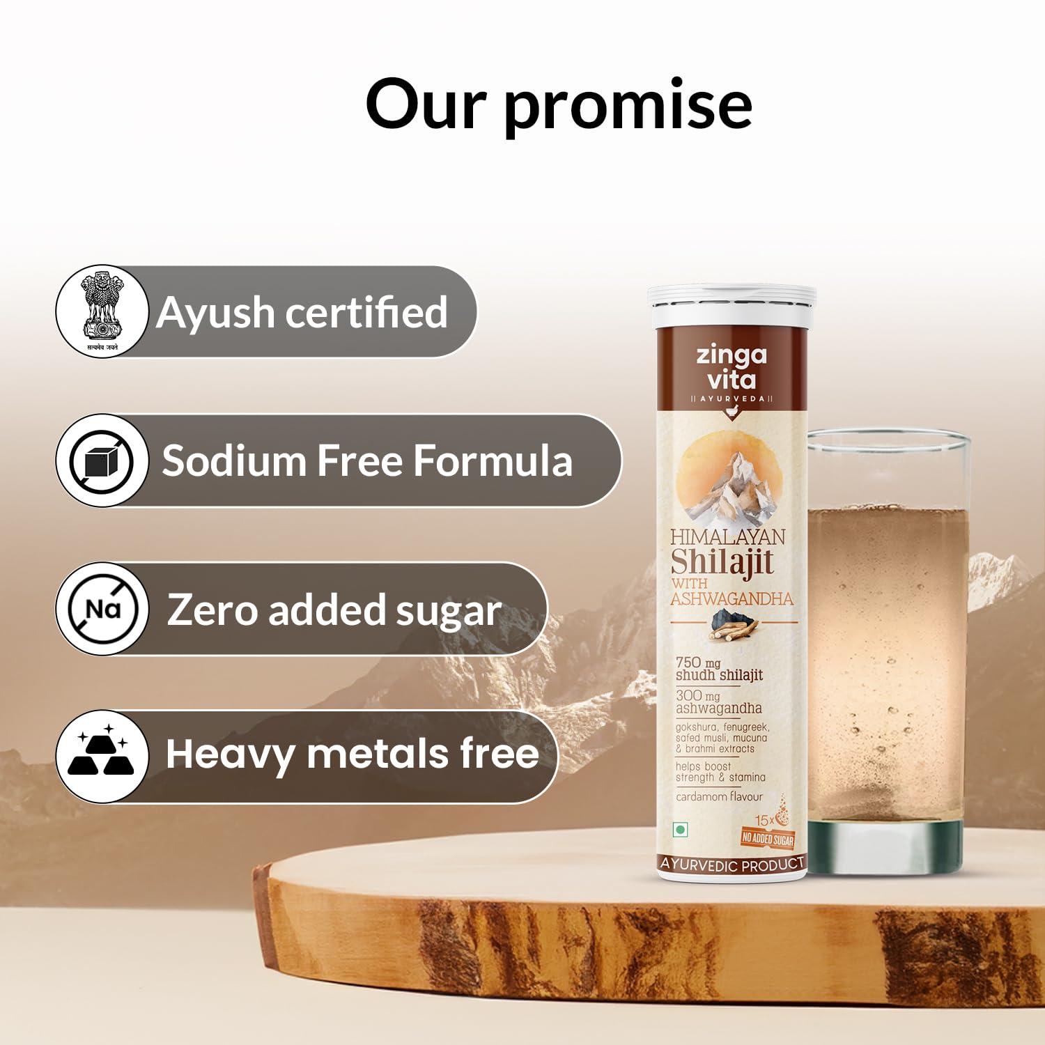 Zingavita Zingavita Himalayan Shilajit Original (750mg) Effervescent Tablets, With Ashwagandha, Gokshura & Safed Musli for Strength, Performance & Muscle recovery, Cardamom Flavour | Ayush Approved | Pack of 1