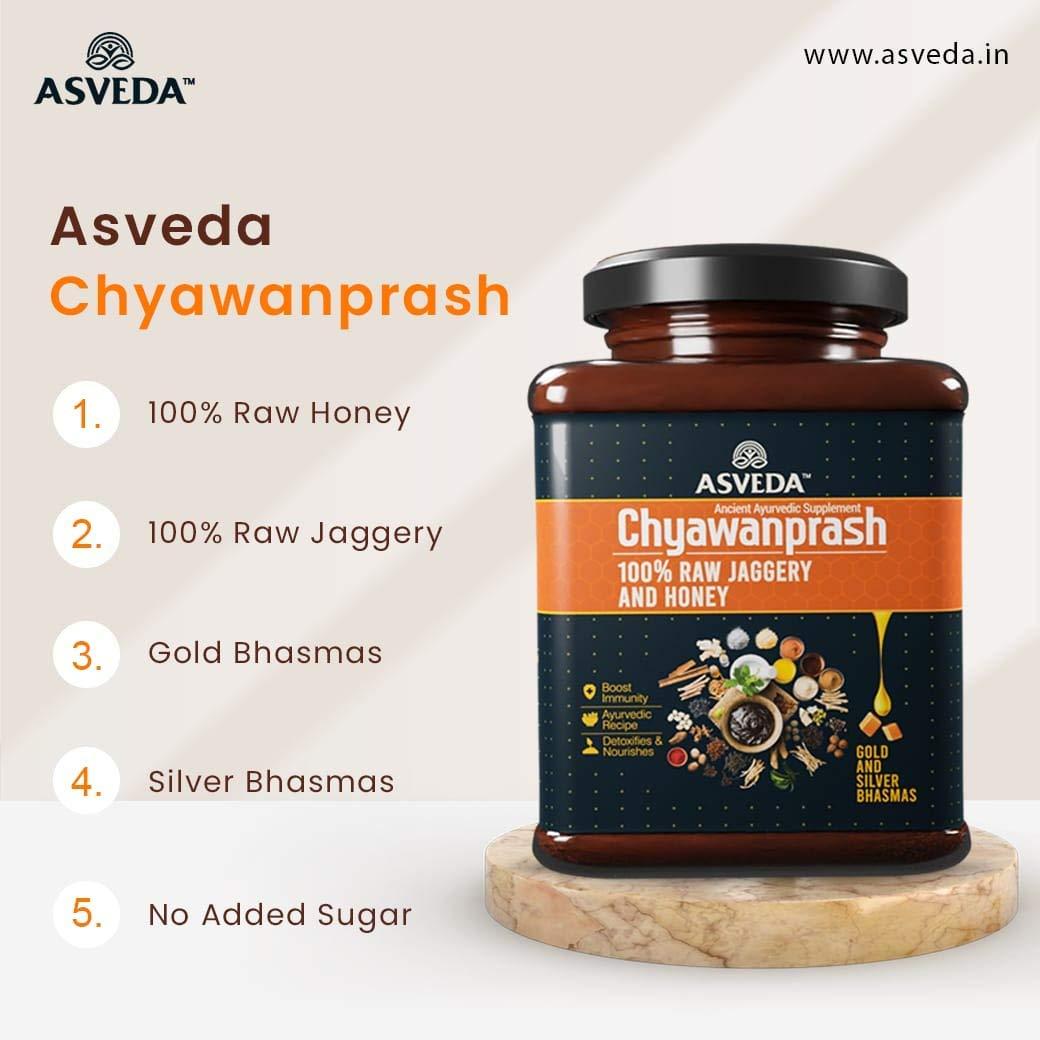Asveda Asveda Adults and Kid's Sugar Free Chyawanprash with Sona Chandi Bhasma, Jaggery & Raw Honey in Glass Jar for Immunity Booster (1 Kg, 500 gm Each) - Pack of 2