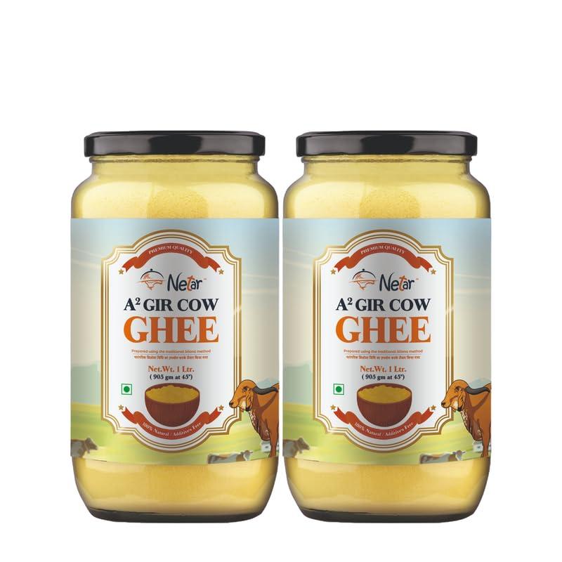 NETAR Netar Pure A2 Gir Cow Ghee 1 Ltr (Pack Of 2) | Vedic Bilona Two Way Hand Churned | Indiand Gir Cow Ghee, Natural & Healthy,| No Added Colour and Preservatives, | 1 Litre (Jar Pack Of 2).
