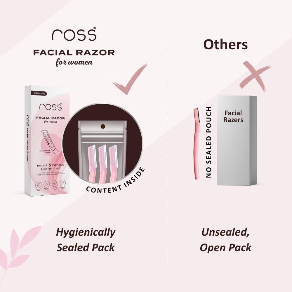 Ross Ross Facial Razor for Women | SEALED PACK | Instant & Pain Free Hair Removal | Eyebrows, Upper Lip, Forehead, Peach Fuzz, Chin, Sideburns(Packof3)