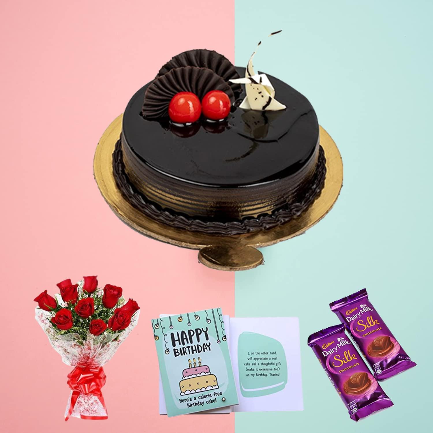 BIGWISHBOX Bigwishbox Best Combo | Chocolate Cake 500g | Fresh Flowers (10 Red Roses Bouquet) | 02 Silk Chocolates | 01 Greeting Card | Birthday/Anniversary Gift | Sameday/Nextday Delivery