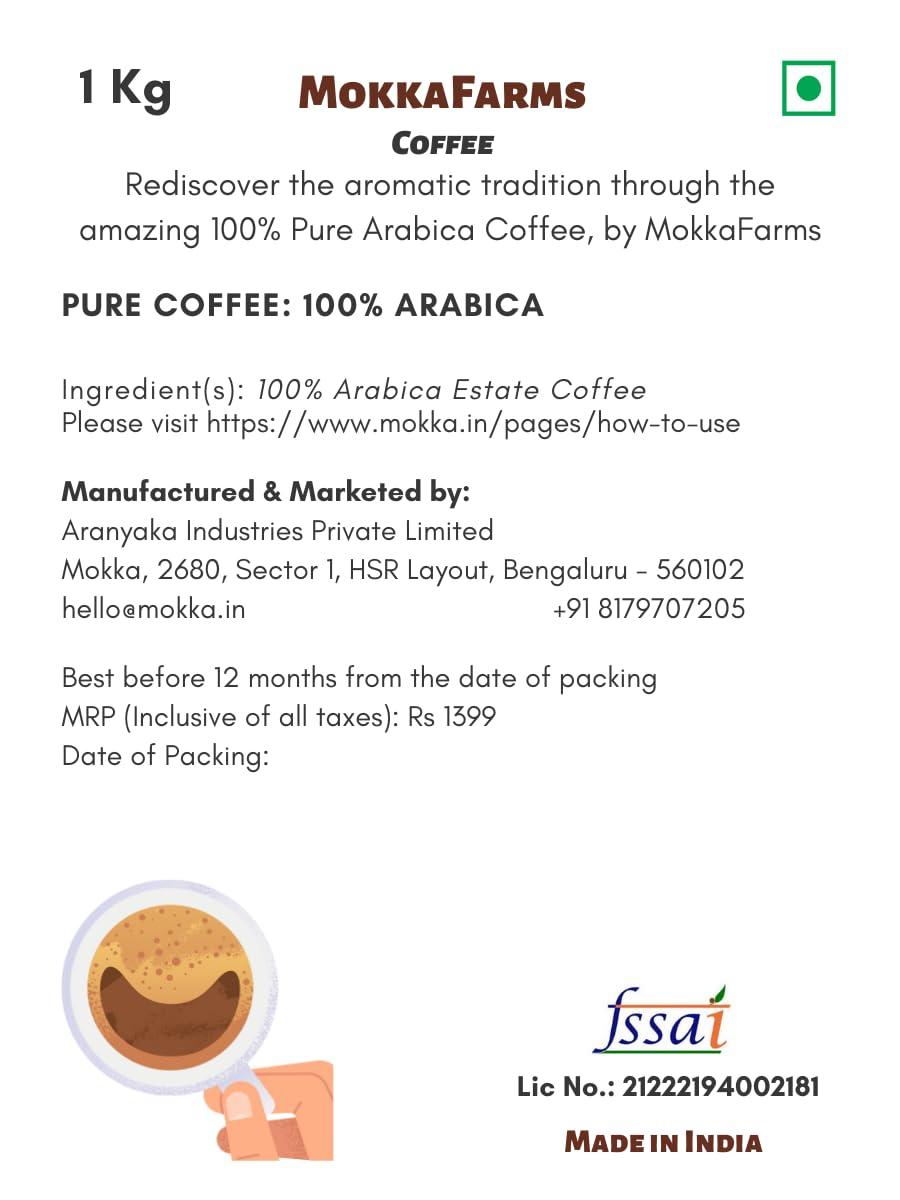 MOKKAFARMS MokkaFarms Traditional South Indian Filter Coffee - 100% Pure Arabica 1 Kg | 0% Chicory | Fresh Roast & Ground, Pure, Rich, Flavor, Aroma | Farm to Fork, Estate Coffee | One-way Valve Zip-lock Bag |