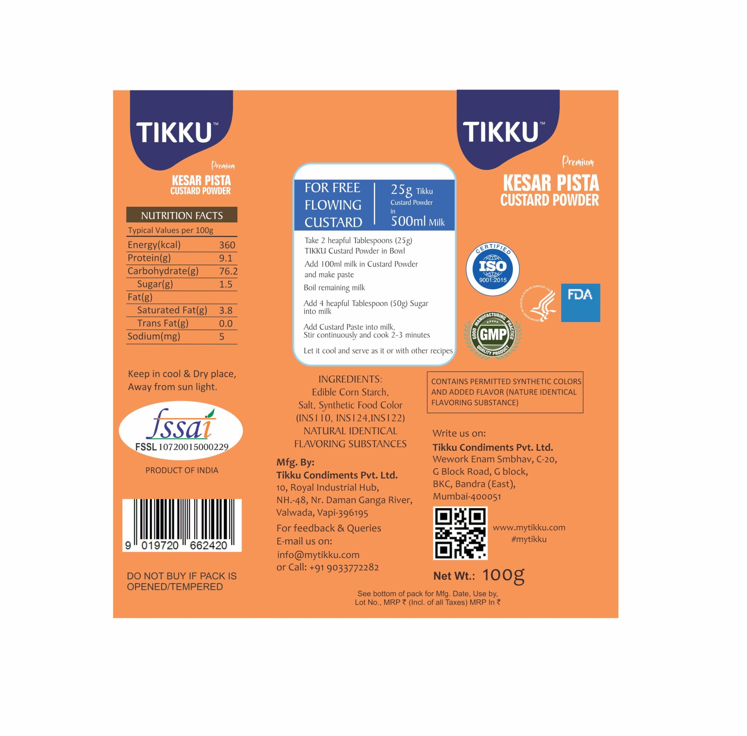 TIKKU Tikku Premium Kesar Pista Custard Powder 100 g Box | Dessert Mix