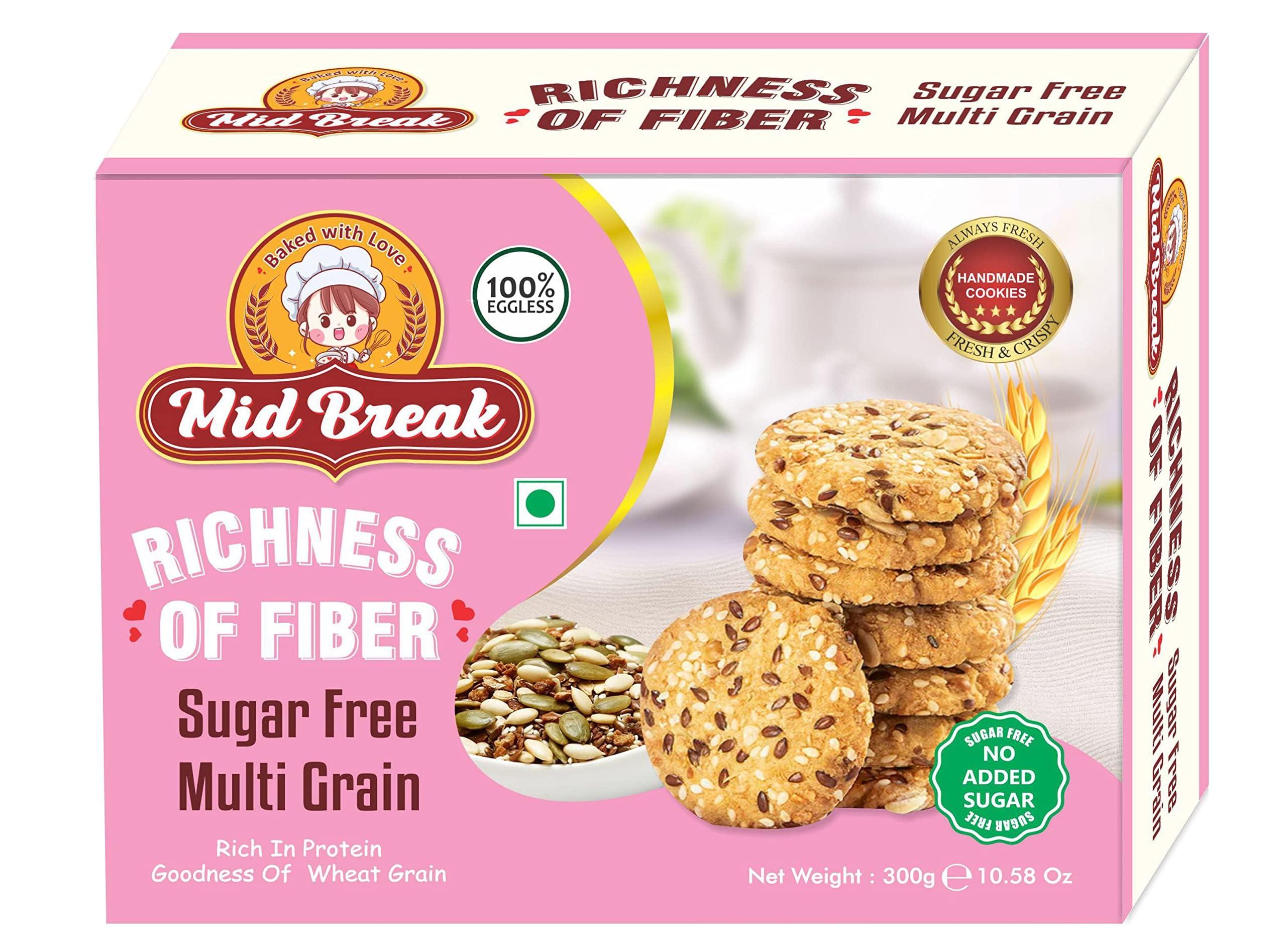 Mid Break MidBreak - Sugar Free Multigrain Cookies | Multigrain Biscuits | Sugar Free Multigrain Biscuits | Premium Handmade Cookies | 300 Gm | Pack of 1