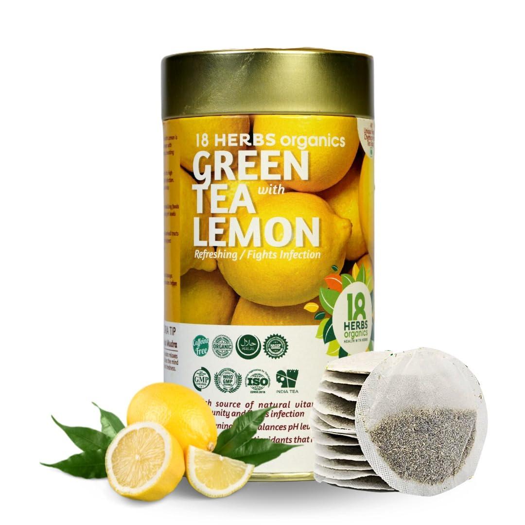18 Herbs Organics Health with Herbs 18 Herbs Organics Health with Herbs Green Tea with Lemon (40 Tea Bags - 54 grams - Tin Caddy - Pack of 1) Lemon Green Tea Fights Infection - Chemical Free Unique Round Immunity Booster Tea Bags