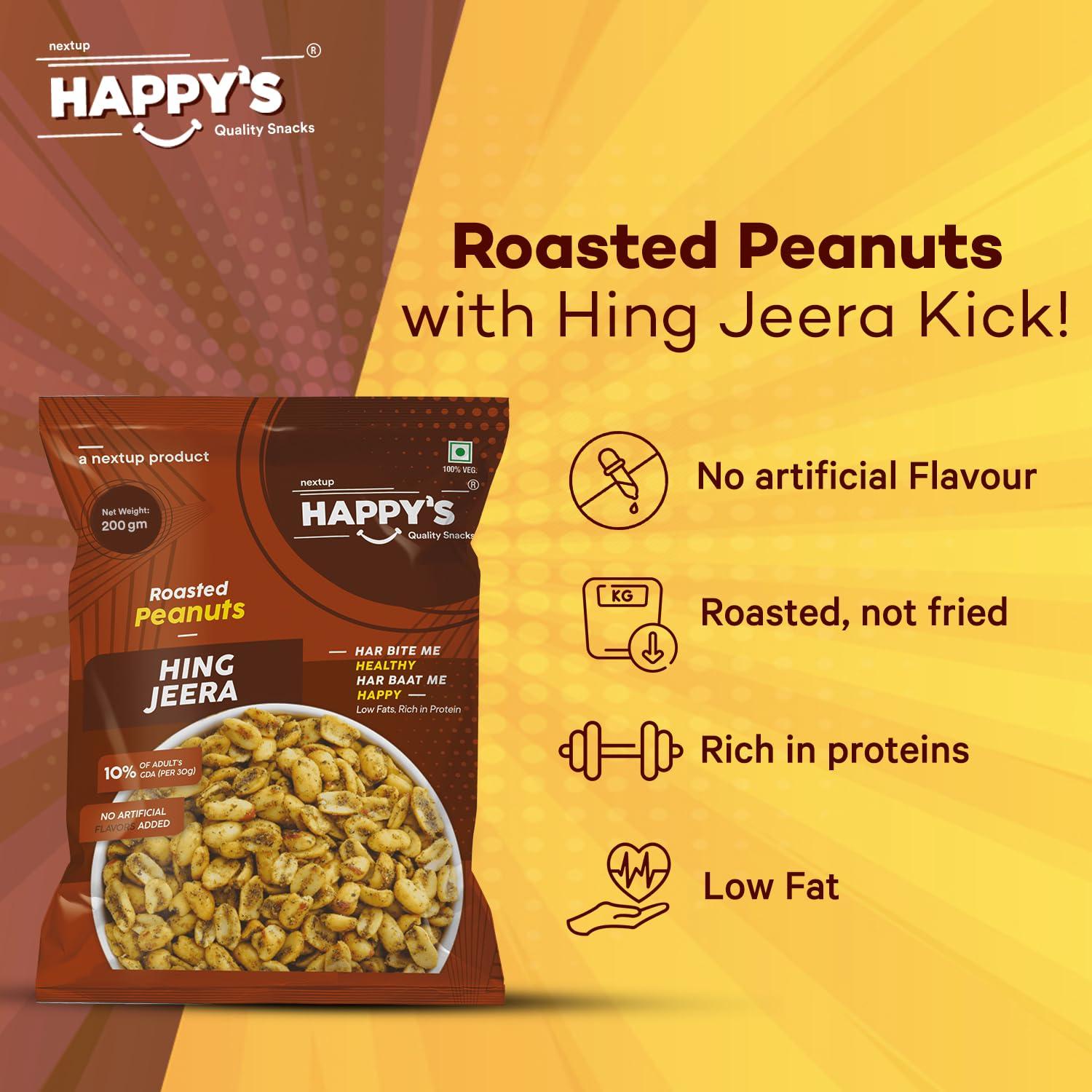 NEXT UP HAPPYS Happy\'s Roasted Peanuts, 200 gm| Pack of 2| Hing Jeera Peanuts| Low Fat| Rich in Protein| Roasted, not Fried| No Artificial Flavors| Healthy Snack for Anytime Snacking|