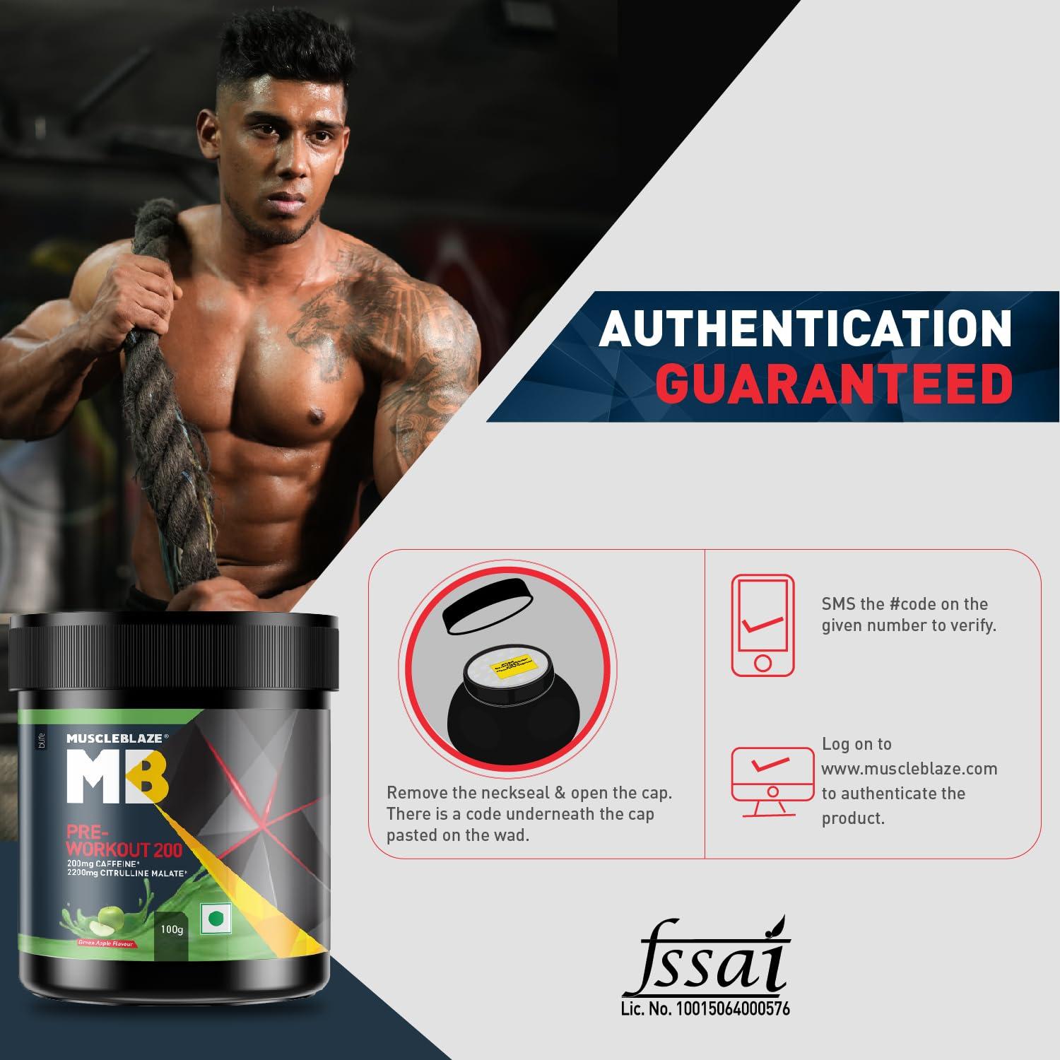 MuscleBlaze MuscleBlaze Pre Workout 200(Green Apple, 20 Servings, 100G)| 200Mg Caffeine, 2200Mg Citrulline Powder