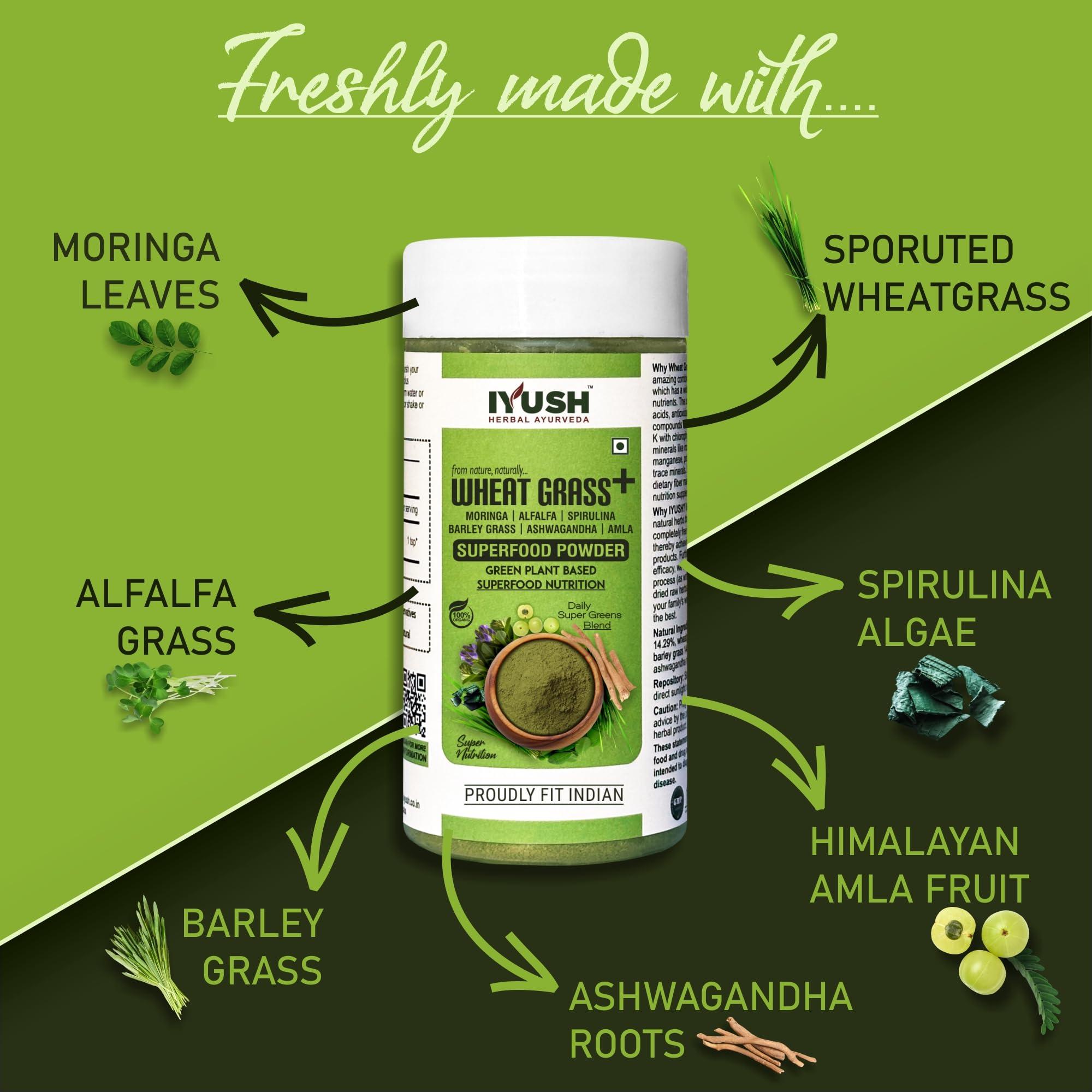 IYUSH IYUSH Herbal Ayurveda Organic Wheat Grass Plus Moringa + Spirulina + Alfalfa + Barley Grass + Ashwagandha And Amla Multivitamin Superfood Powder - 100Gram