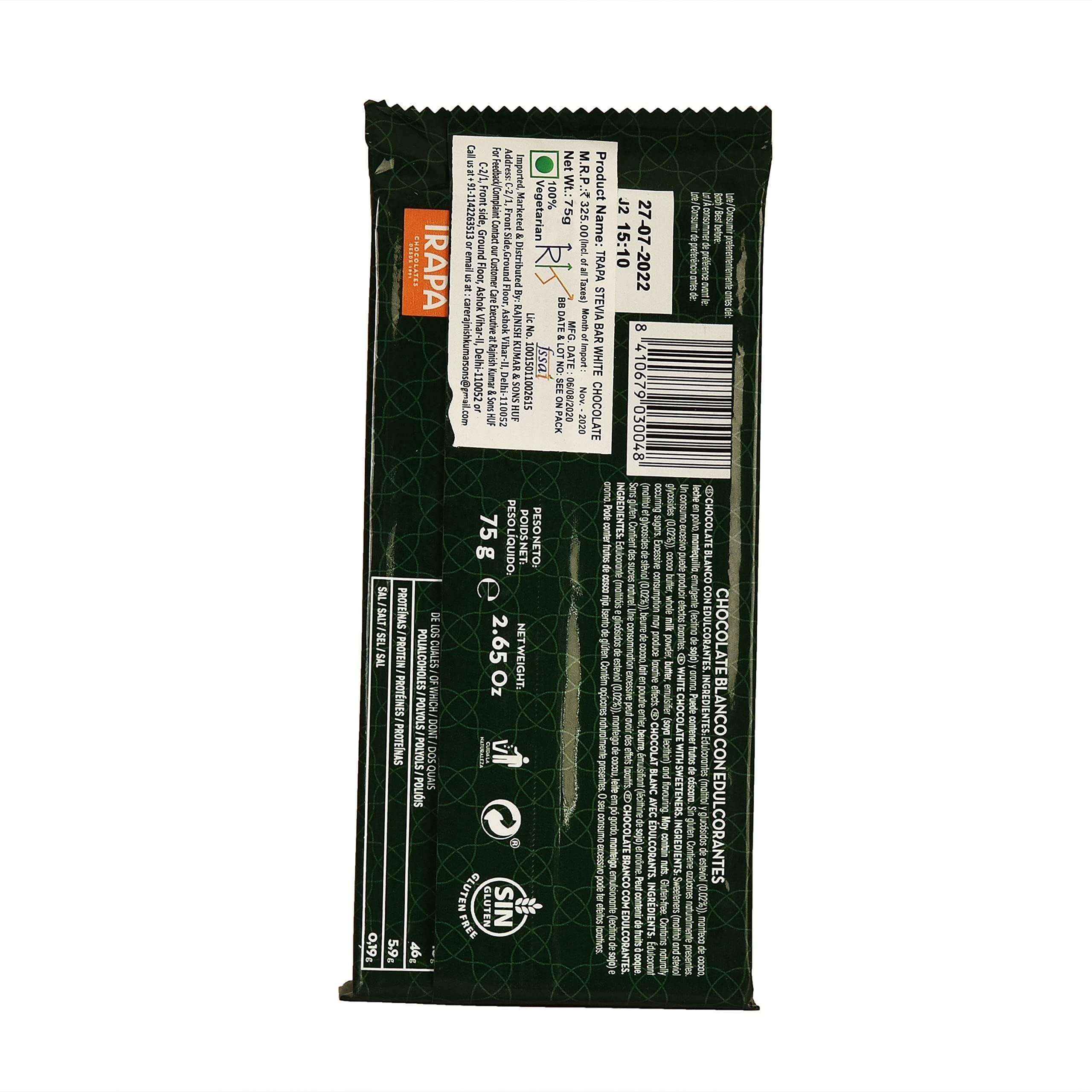 Trapa TRAPA STEVIA Extra FINO Blanco CON Chocolate BAR 75 GM Pack of 2