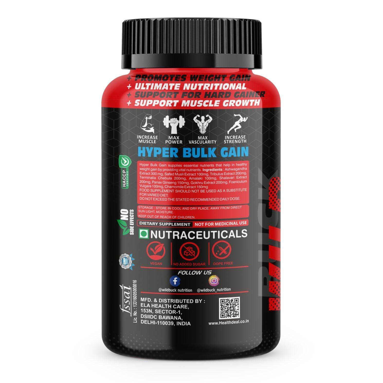 WILD BUCK WILD BUCK Wild Pre-X4 Hardcore Pre-Workout Supplement with Creatine Monohydrate, Arginine AAKG, Beta-Alanine, Explosive Muscle Pump, Caffeinated Punch -For Men & Women [40 Servings, Wild Berries] + Wild Buck Hyper Bulk Gain Mass & Weight Gainer Capsu