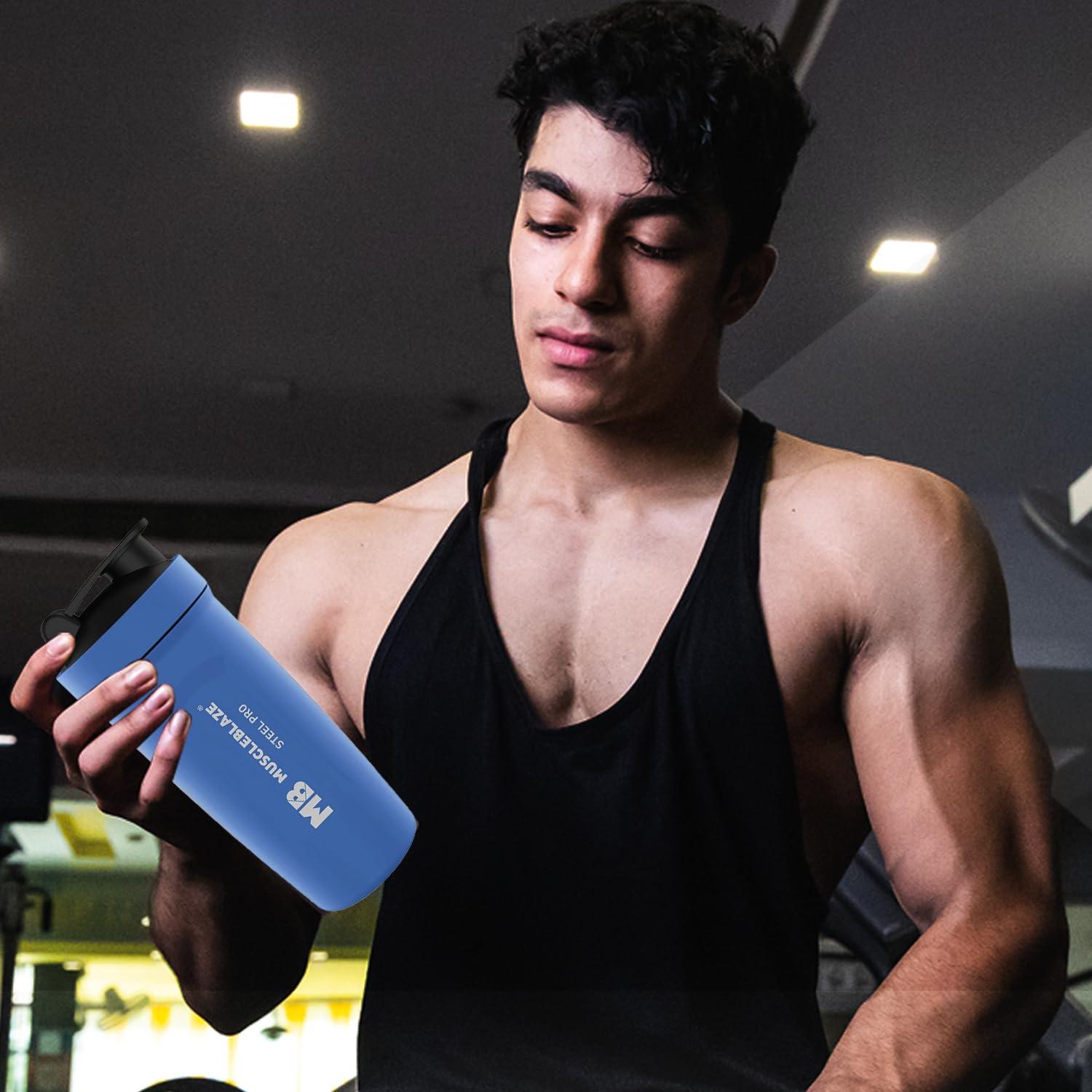 MuscleBlaze MuscleBlaze Steel Shaker 750 ml with Steel Whisk, Leakproof Gym Shaker Bottle for Supplements, Blizzard Blue
