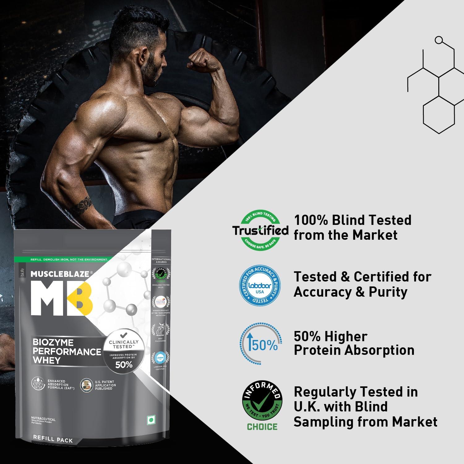 MuscleBlaze MuscleBlaze Biozyme Performance Whey Protein | Clinically Tested 50% Higher Protein Absorption | Informed Choice UK, Labdoor USA Certified & US Patent Filed EAF (Magical Mango, 1 kg Refill Pack)