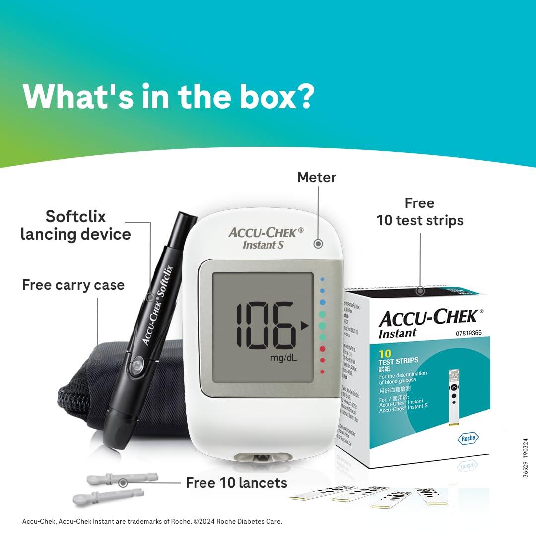 Accu-Chek Accu-Chek Instant S Blood Glucose Glucometer Kit with Vial of 10 Strips, 10 Lancets and a Lancing Device Free for Accurate Blood Sugar Testing