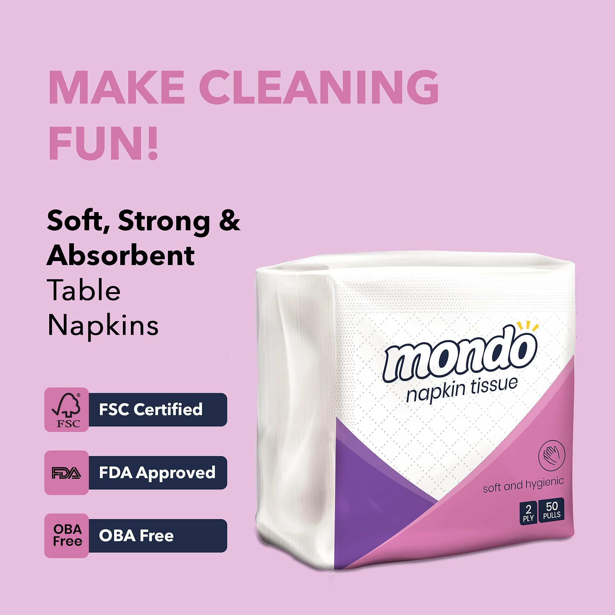 MONDO Mondo Napkin Tissue Paper (Size 30x30 centimetres, 2 Ply, 50 Pulls) | Pack of 5 Boxes | 100% Food & Skin Safe FDA Approved, OBA Free | Use in Kitchen & Dining, Catering, School & Office