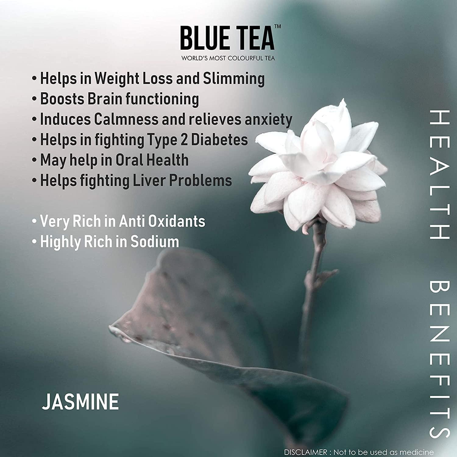 BLUE TEA BLUE TEA - Jasmine Tea - 30gm - 50 Cups | FOR SLIMMING BODY & STRESS RELIEF | Non-Bitter - Farm Fresh - Caffeine Free - Herbal Tea - Flower Based - Anti-Oxidants | Pet Jar Packaging