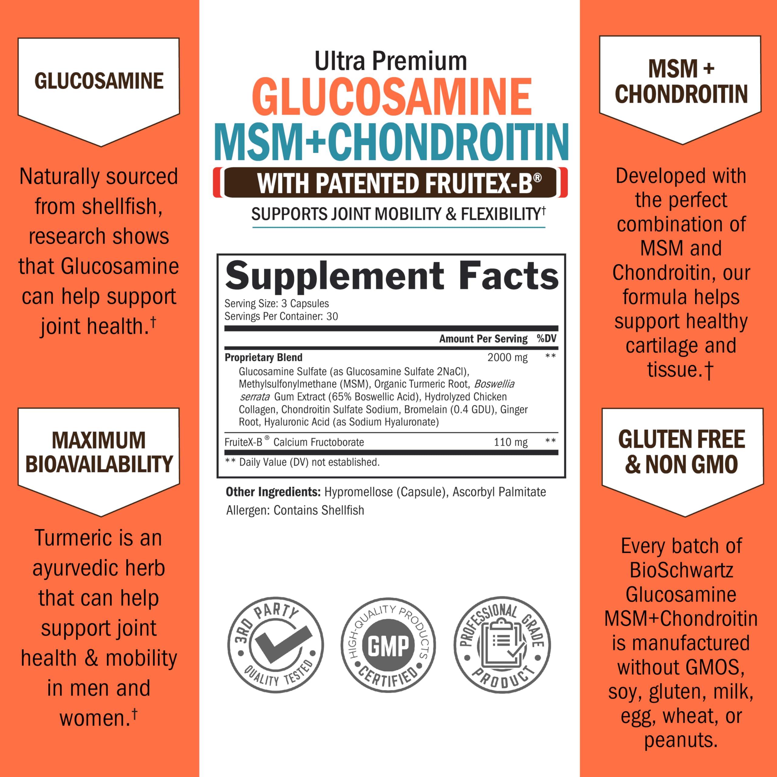 BioSchwartz BioSchwartz Glucosamine Chondroitin MSM Turmeric with Patented Fruitex-B. Extra Strength Joint Pain Relief Pills for Back, Knees, Hips, Hands