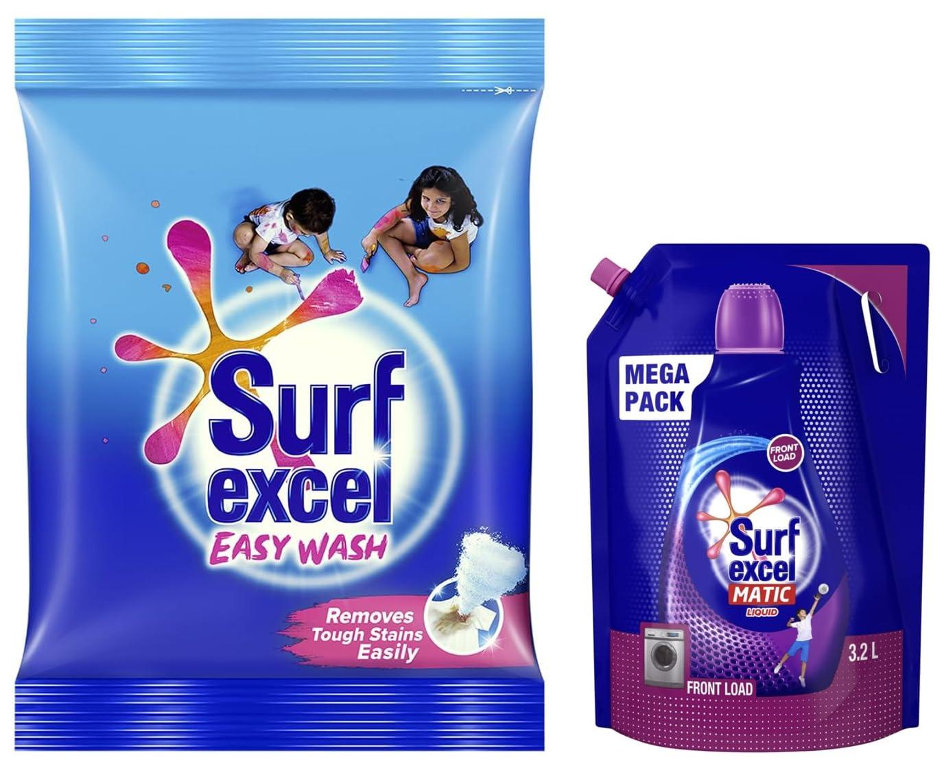 Surf Excel Surf Excel Matic Front Load Liquid Detergent 3.2 L Refill, Designed for Tough Stain Removal on Laundry in Washing Machines - Mega Pack & Surf Excel Easy Wash Detergent Powder, 5 Kg