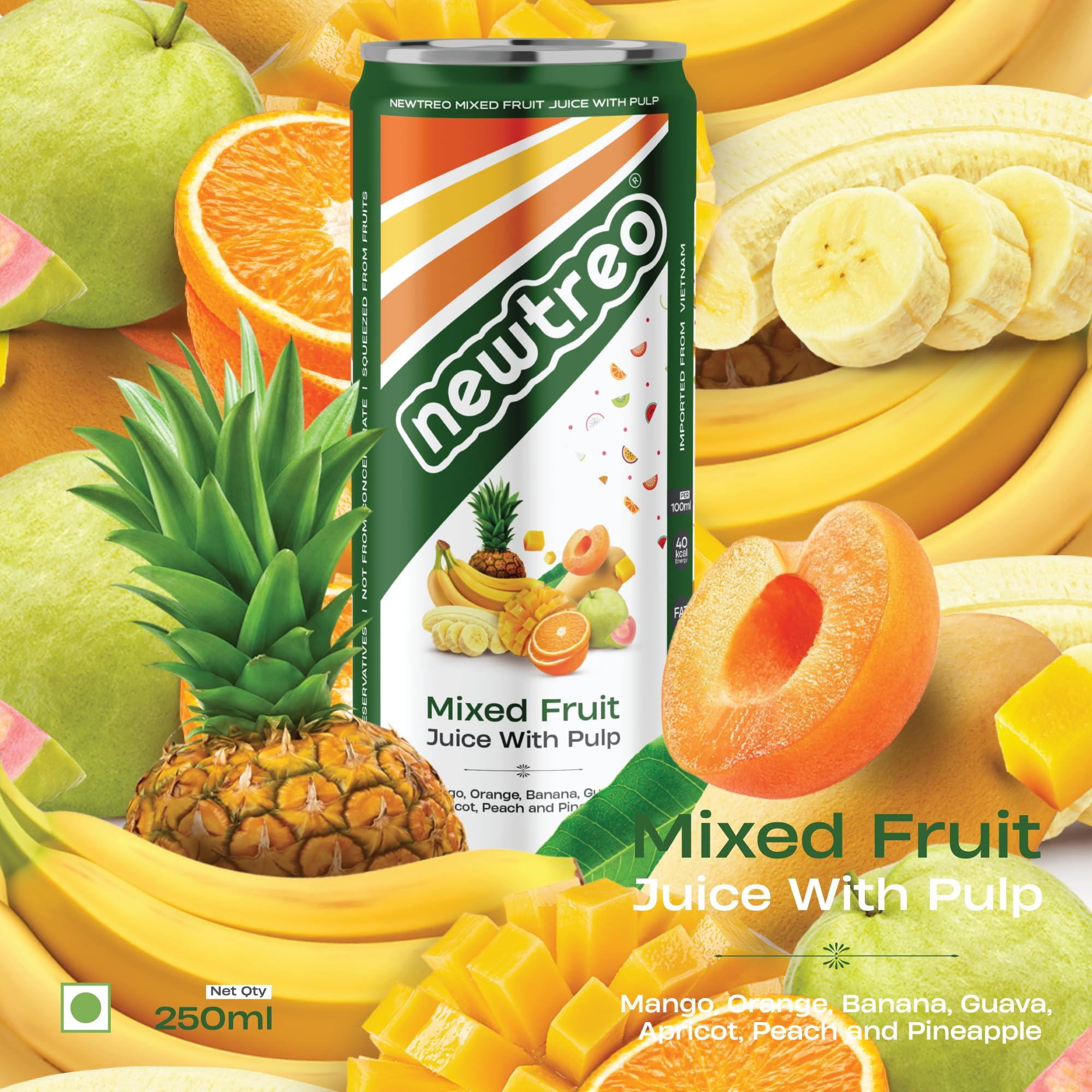 Newtreo Newtreo Mixed Fruit Juice With Pulp | Imported from Vietnam | Mango, Orange, Banana, Guava, Apricot, Peach & Pineapple Juice | 12 x 250ml cans | No Concentrates or preservatives added