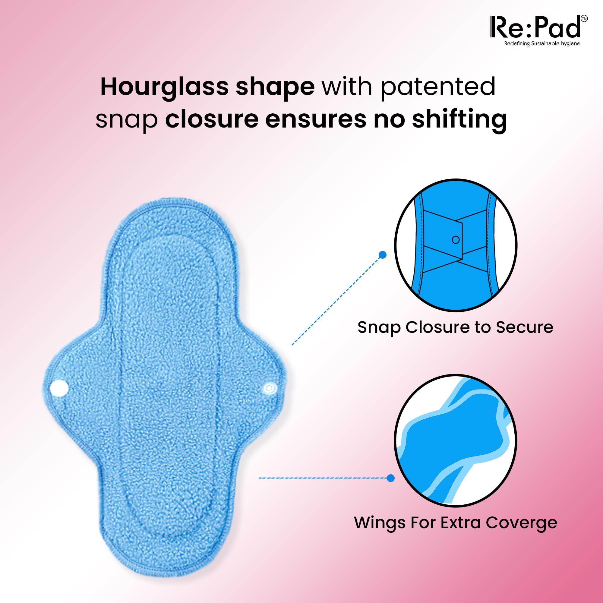 Re:Pad Re pad Reusable Cloth Sanitary for Women Overnight Cloth Washable Super-Absorbent, Soft and Comfortable 3 Super Maxi pads in (Blue) Sanitary Pad (Pack of 3) |Lasts Up To 1 .5 Years