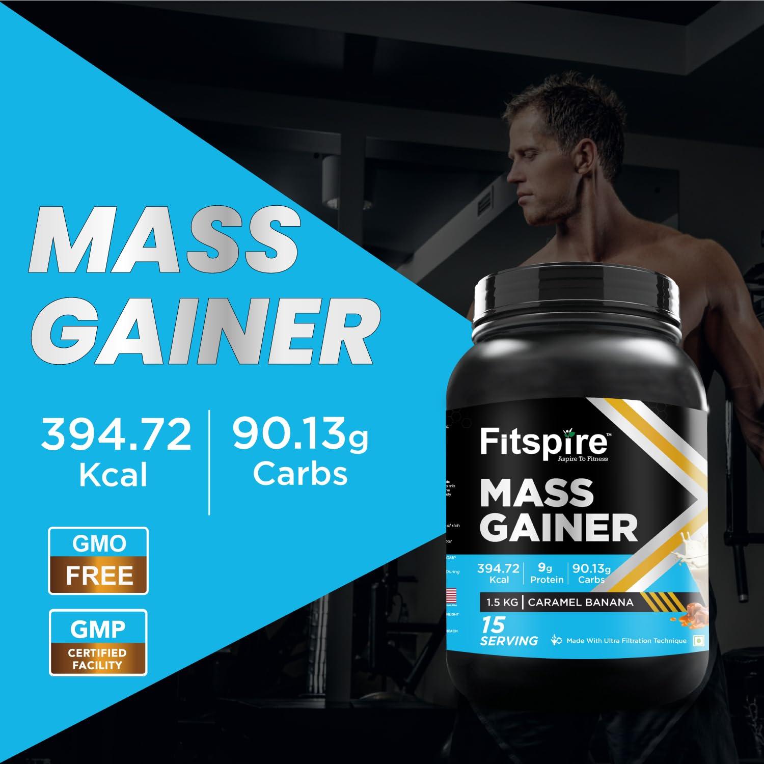 Fitspire Fitspire Mass Gainer Whey Protein with Caramel Banana Flavour, | 9g Protein per 100g scoop | 90.13g Carbs |1.5kg 15 Serving