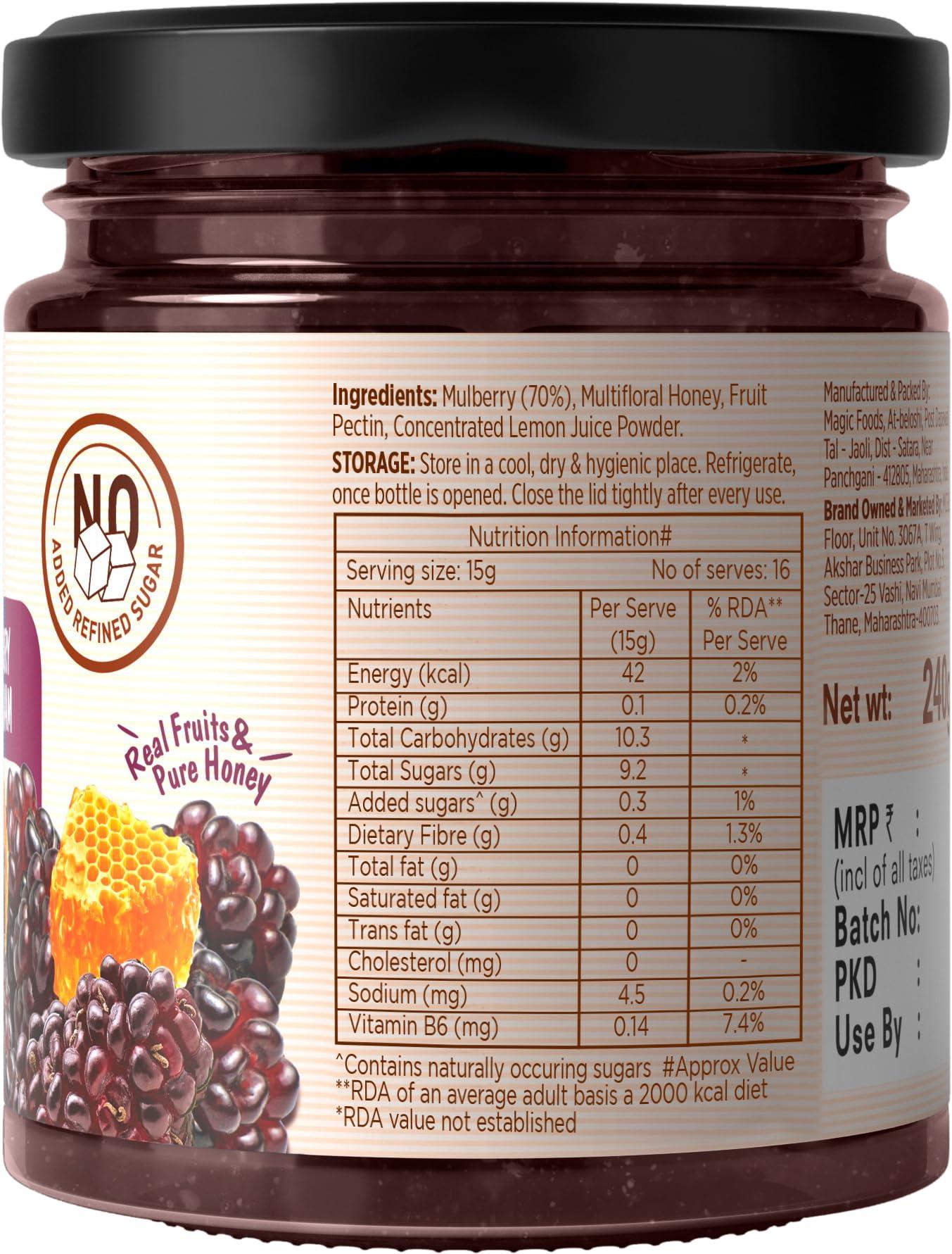 Eatopia Eatopia Mulberry Honey Jam | Sugar Free | 100% Pure & Natural | No Preservatives | No Added Colours & Flavours | 70% Mulberries & 30% Wild Honey | Healthy Good for Gut Health | Pack of 1-240g