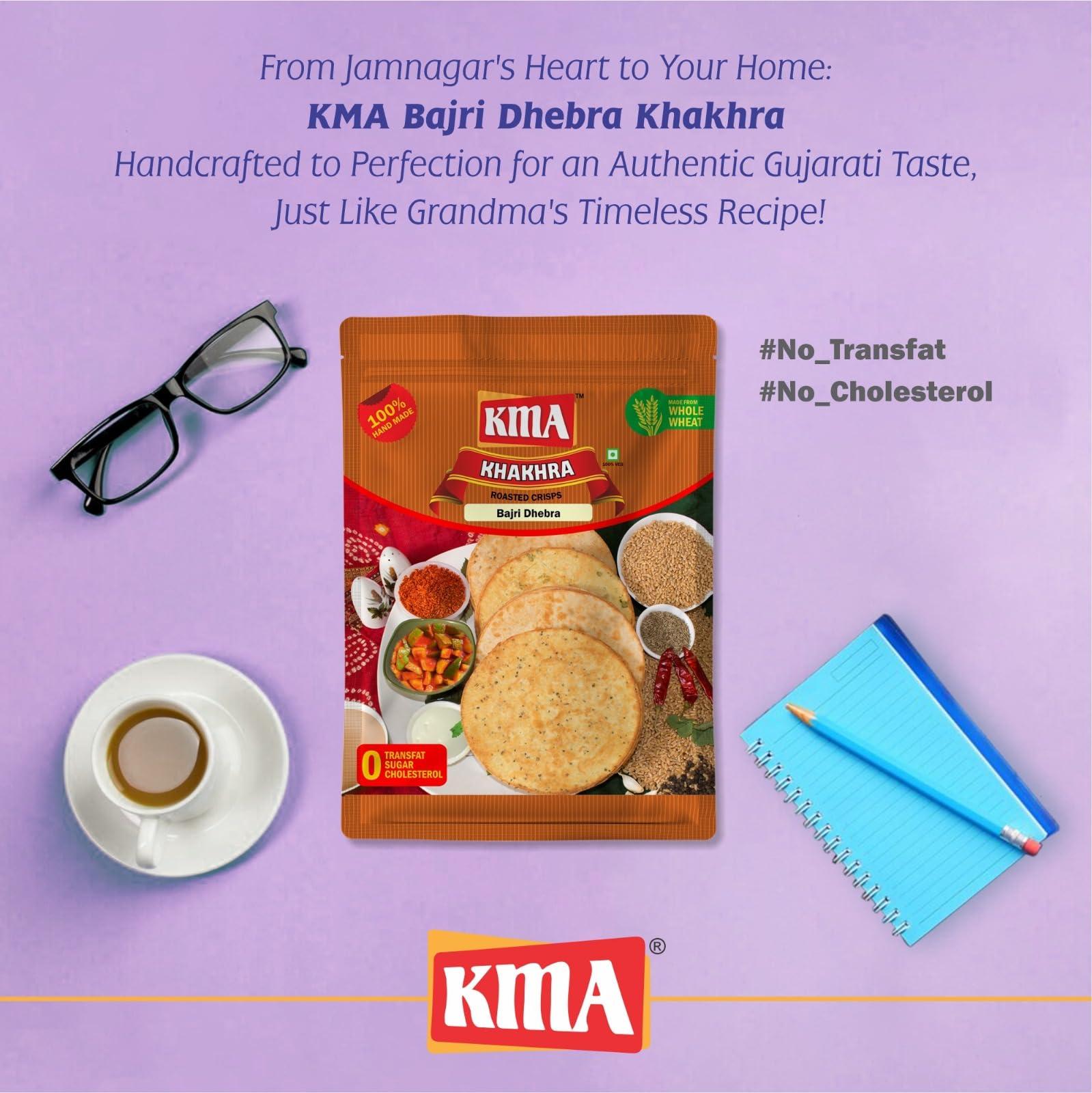 KMA KMA Bajri Dhebra Khakhra 600g (3 packs * 200g each) - Handmade Roasted Fresh Gujarati Snacks , Crispy & Nutritious with Rich Flavor of Millet & Garlic , Healthy Diet , Ready to Eat Indian Multigrain Delight , Easy to Carry , Low Calorie Snack