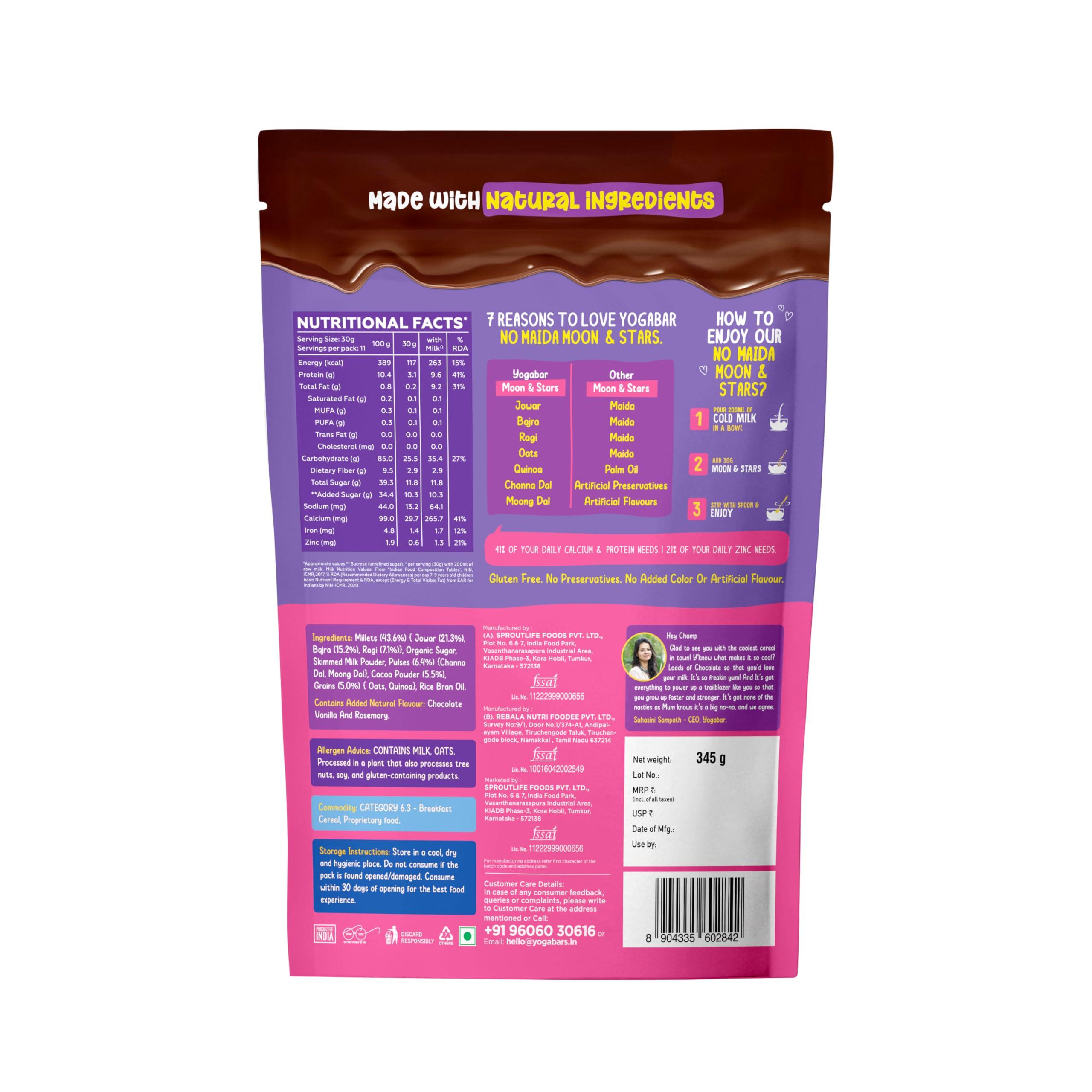 Yogabar Yogabar Multigrain Moon & Star Chocos Cereal Breakfast, Zero Maida, Delicious Chocolate Chocos for Kids & Adults, Protein Food, 0 Added Preservatives, Has Jowar, Bajra, Ragi, Quinoa Oats, P1