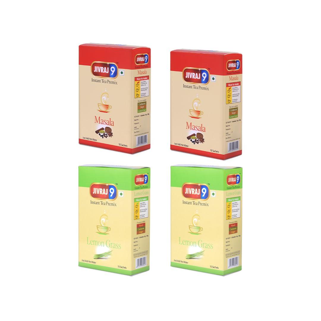 Jivraj 9 Jivraj 9 Combo Pack of Instant Tea Premix, Masala Instant Tea Premix (Pack of 2) & Lemon Grass Instant Tea Premix (Pack of 2), 10 Sachets Each, Pack 4