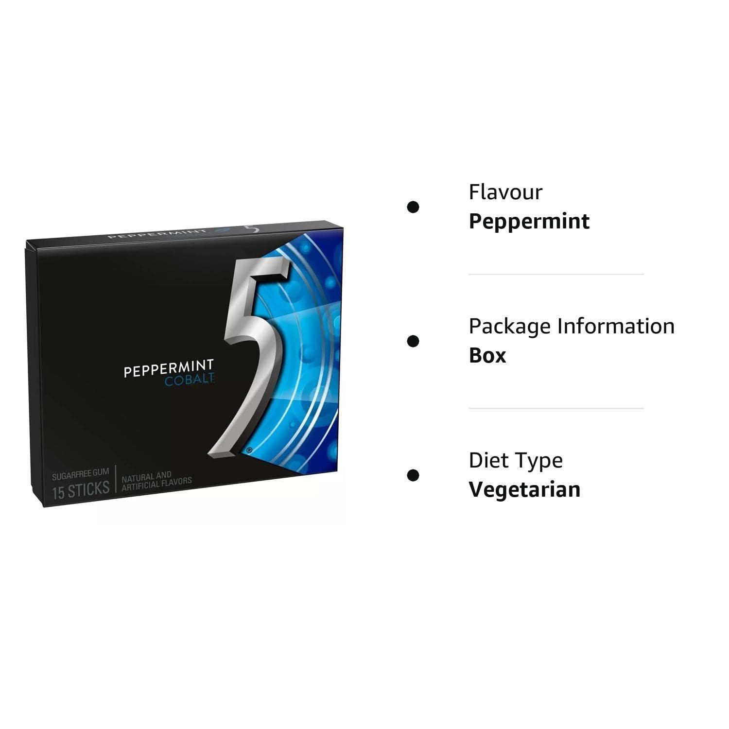 Generic Wrigley\'s 5 Gum Sugar Free Chewing Gum Two Populer Flavours (Peppermint Cobalt Or Spearmint Rain)15 Sticks 40gm (Pack Of 6)