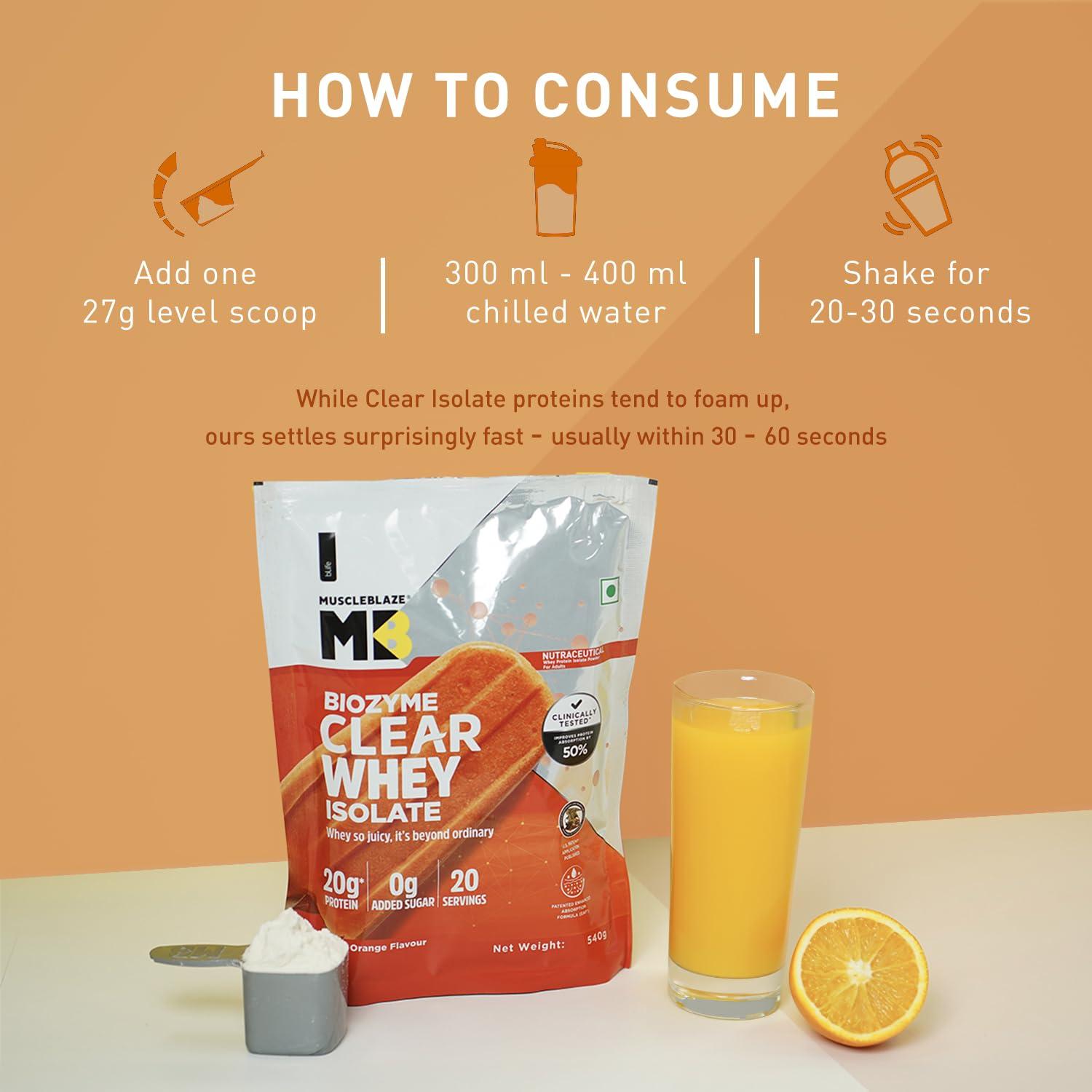 MuscleBlaze MuscleBlaze Biozyme Clear Whey Protein Isolate | 20g Protein, 92 Calories, Zero Added Sugar (Icy Orange Flavour, 20 Servings)