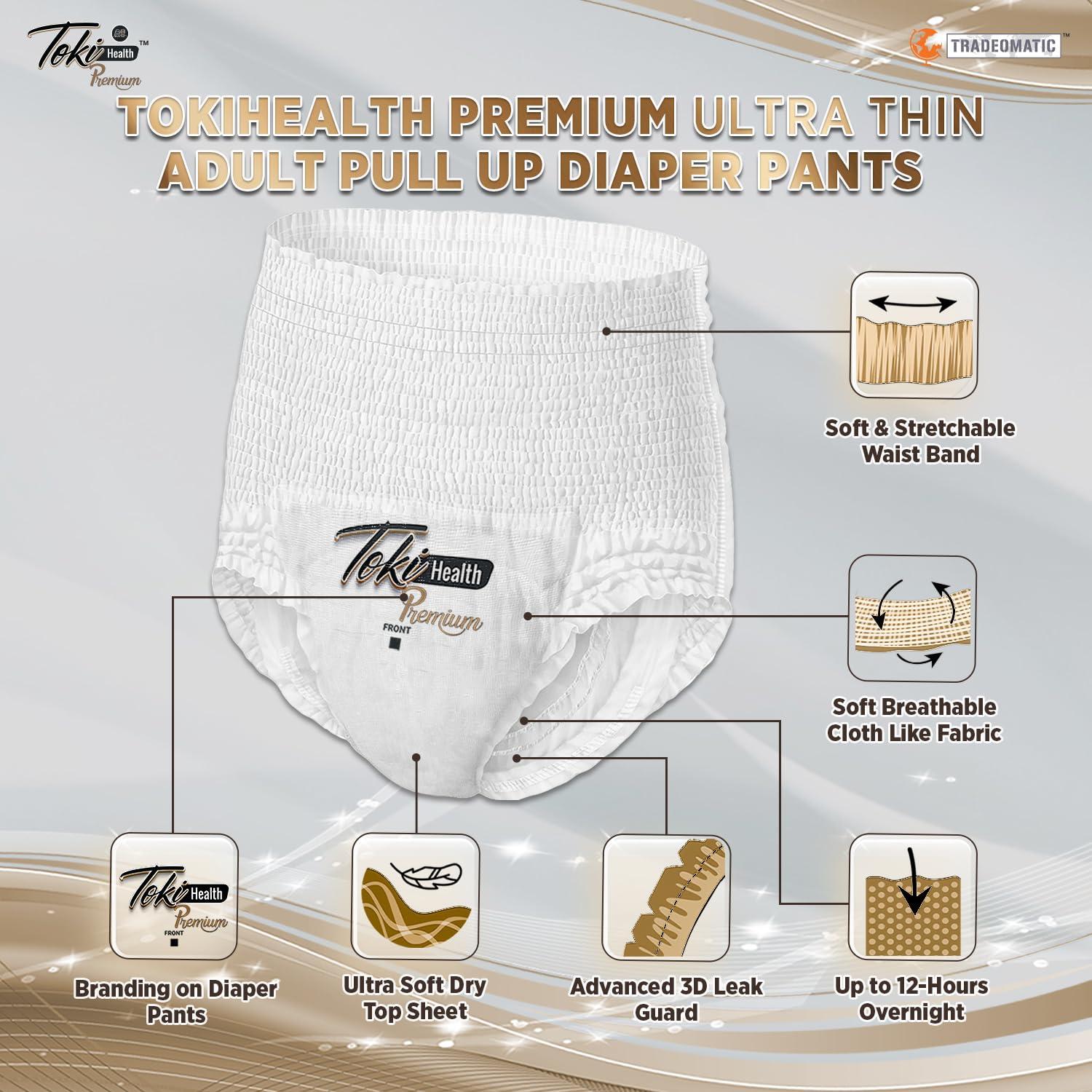 TokiBaby TokiHealth Ultra Thin Premium Adult Diapers Pants Pull Up Style | Large (L) - Waist Size 30 to 39 inches (75-100cm) | Up to 12 Hours Overnight Absorption Protection | Unisex | 10 Counts