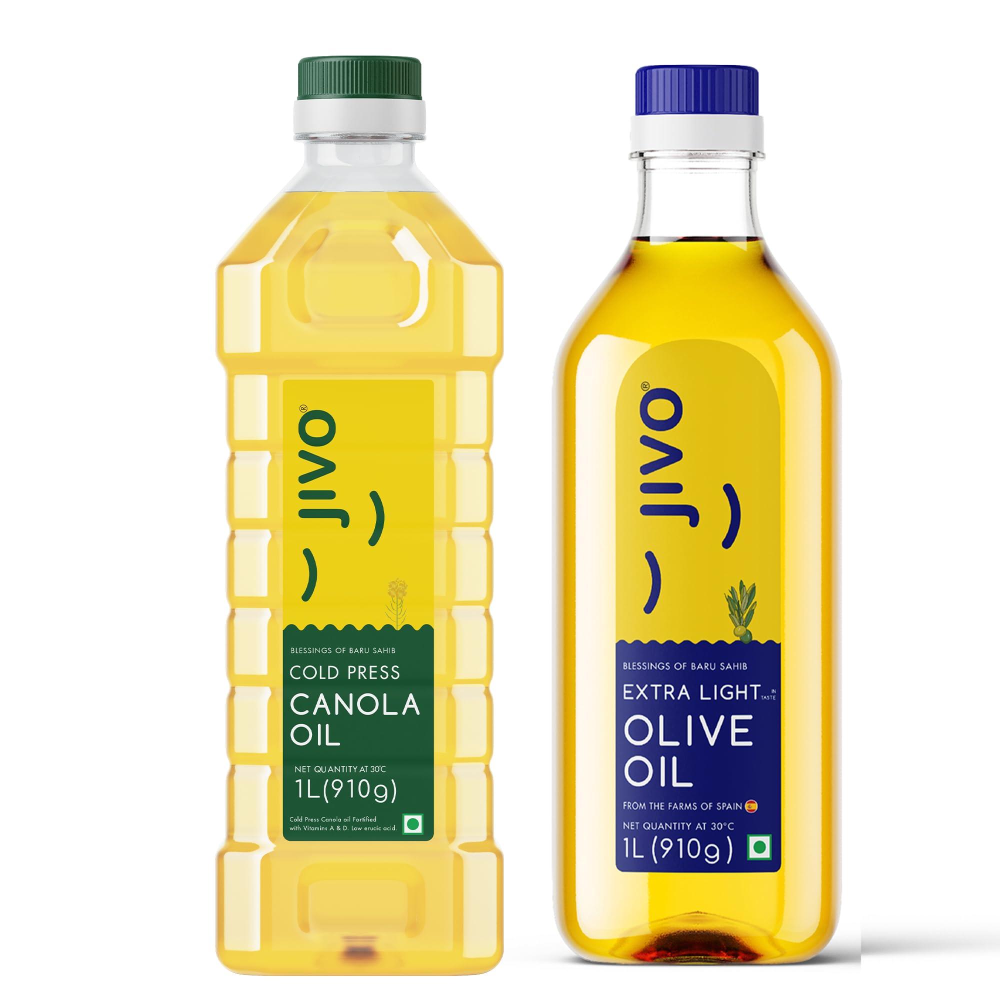 Jivo Jivo Canola Cold Press Edible Oil 1 Litre + Jivo Extra light Olive Oil 1 Litre | Pack of 2 | Healthy Cooking Oil for Daily use | Recommended by Indian Medical Association