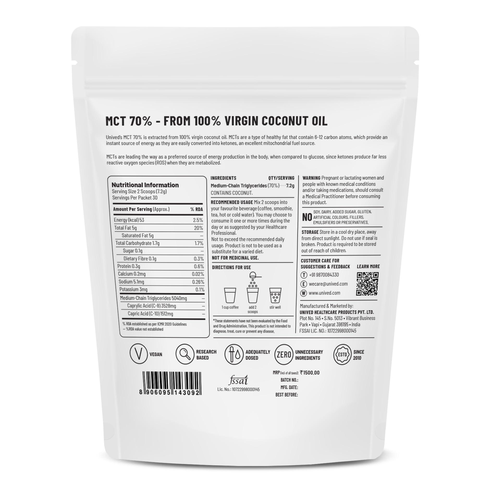 Unived Unived MCT 70% | Medium Chain Triglyceride Oil Powder | Clean Energy Fuel | Pure MCT 5g with C-8: 3528mg & C-10: 1512mg in a 70:30 ratio | Vegan & Keto Friendly | 30 Servings